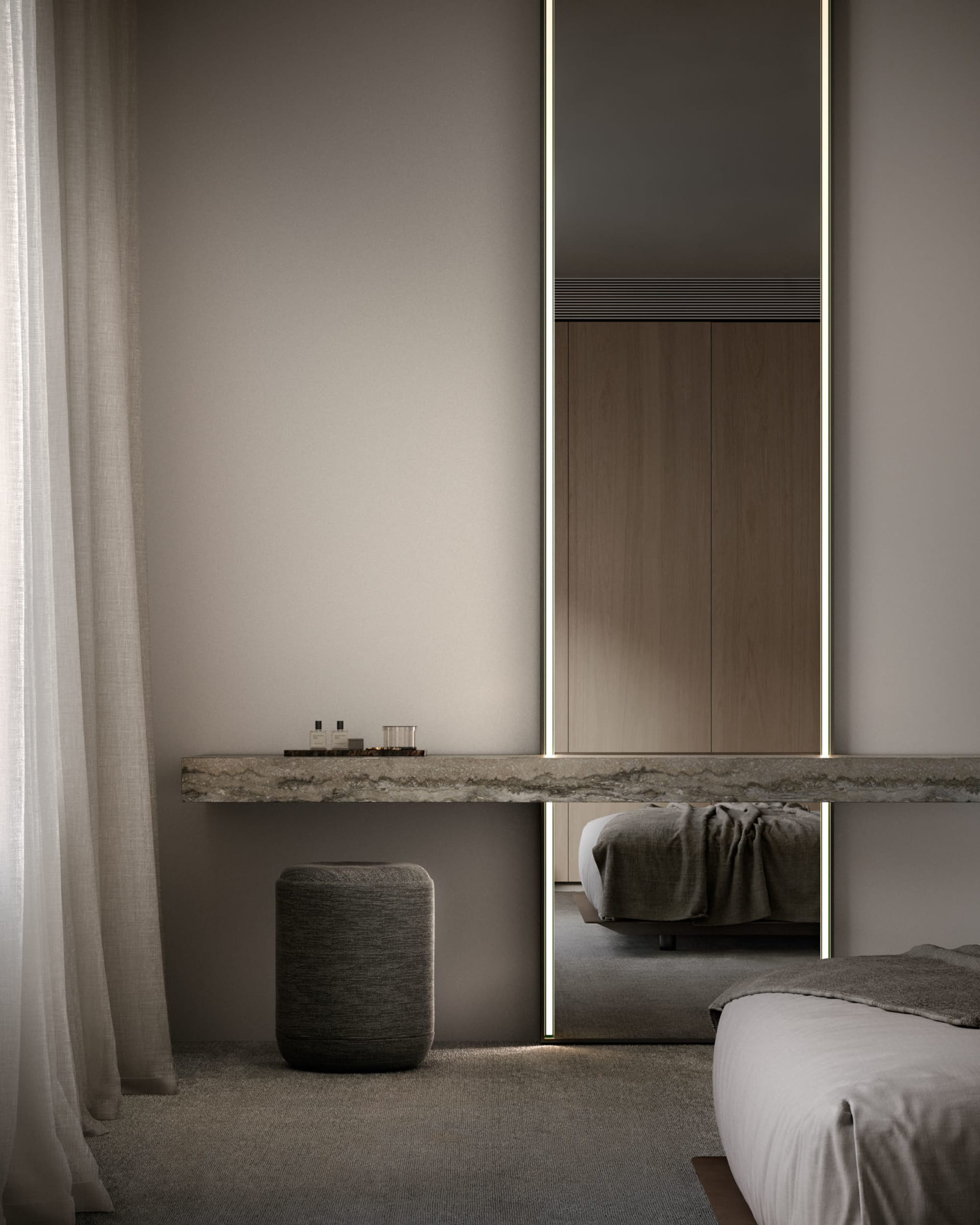 Modern bedroom featuring sleek, minimalist design with concrete elements.