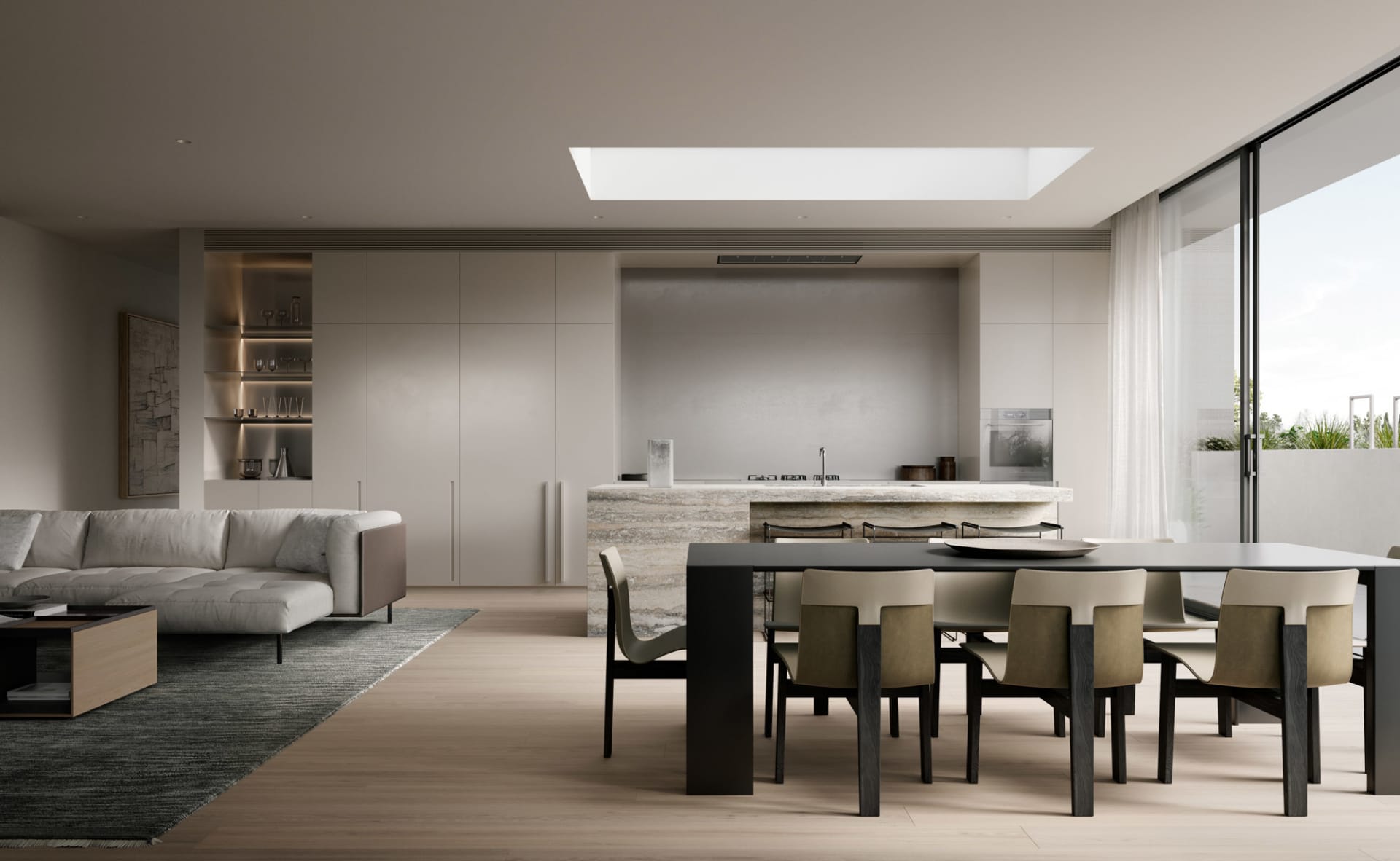 A modern kitchen with a concrete island and minimalist design.