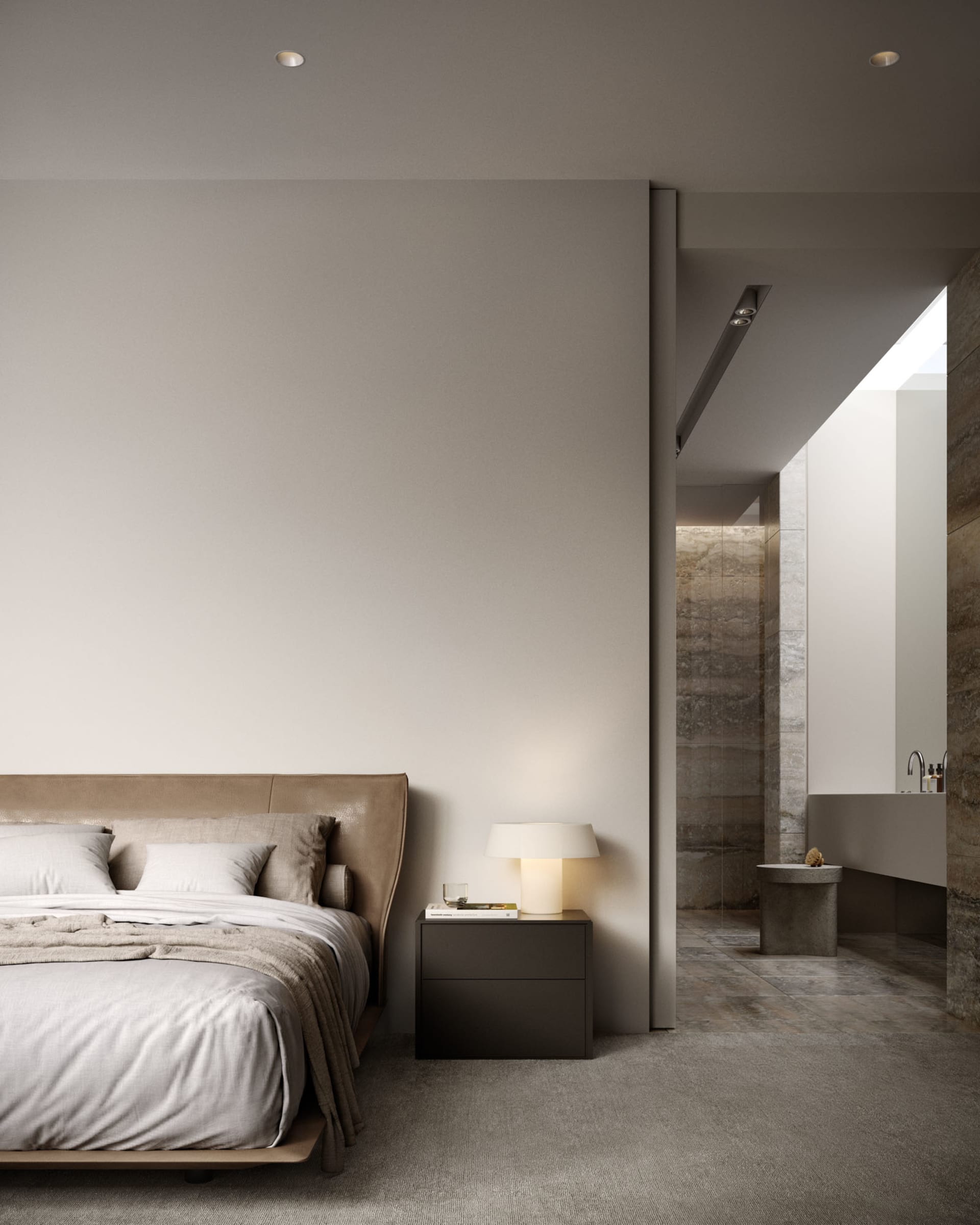 Modern minimalist bedroom with a bed, nightstand, and light fixture.