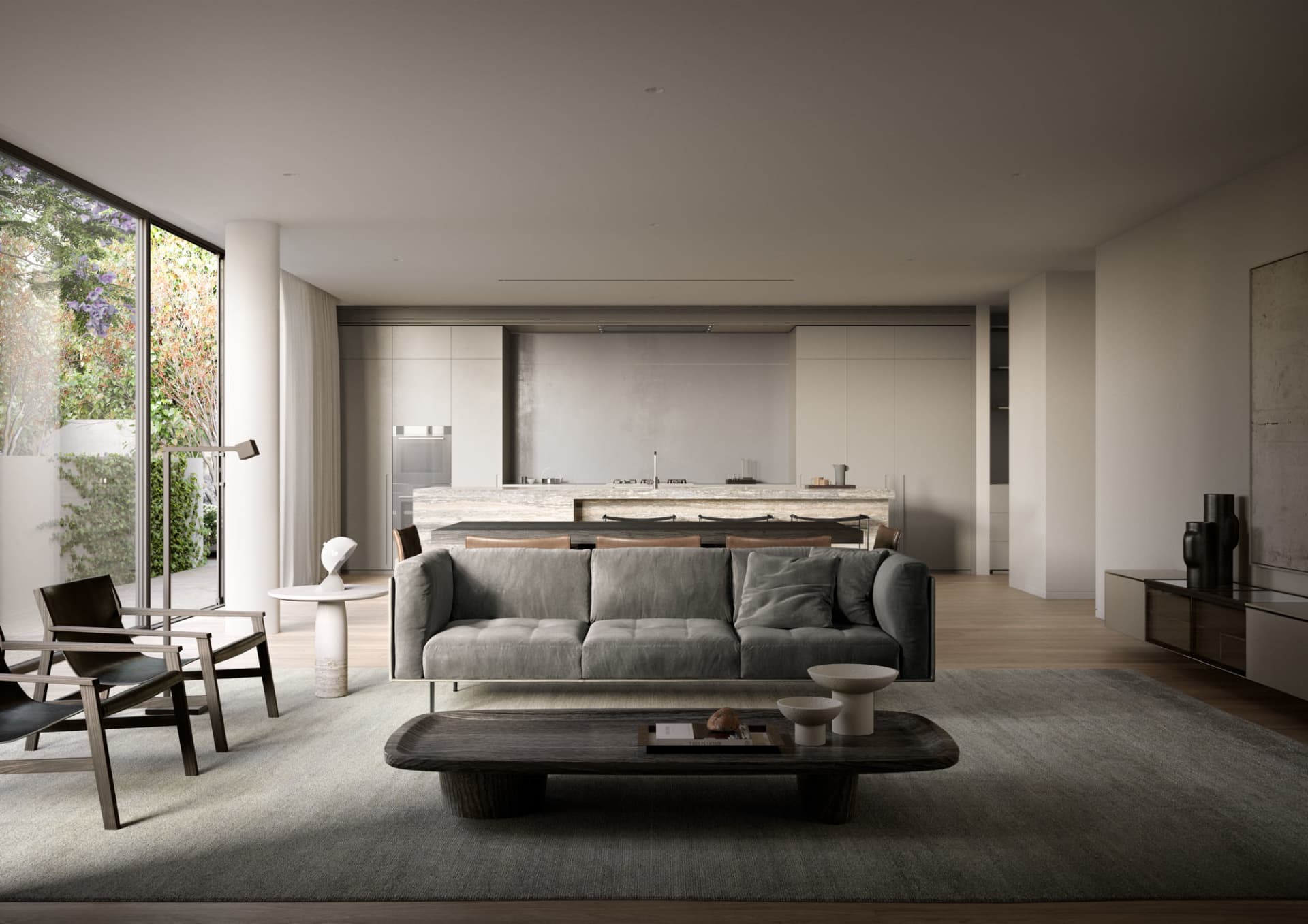 A modern, monochrome living room with neutral textures, featuring a grey couch, wooden coffee table, and large windows with c