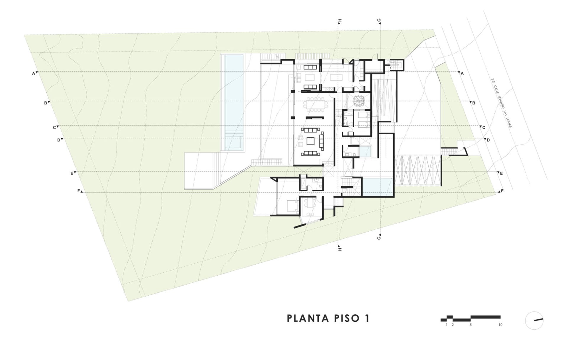 Detailed architectural blueprint of a modern residential building's floor plan, showcasing contemporary design elements and f