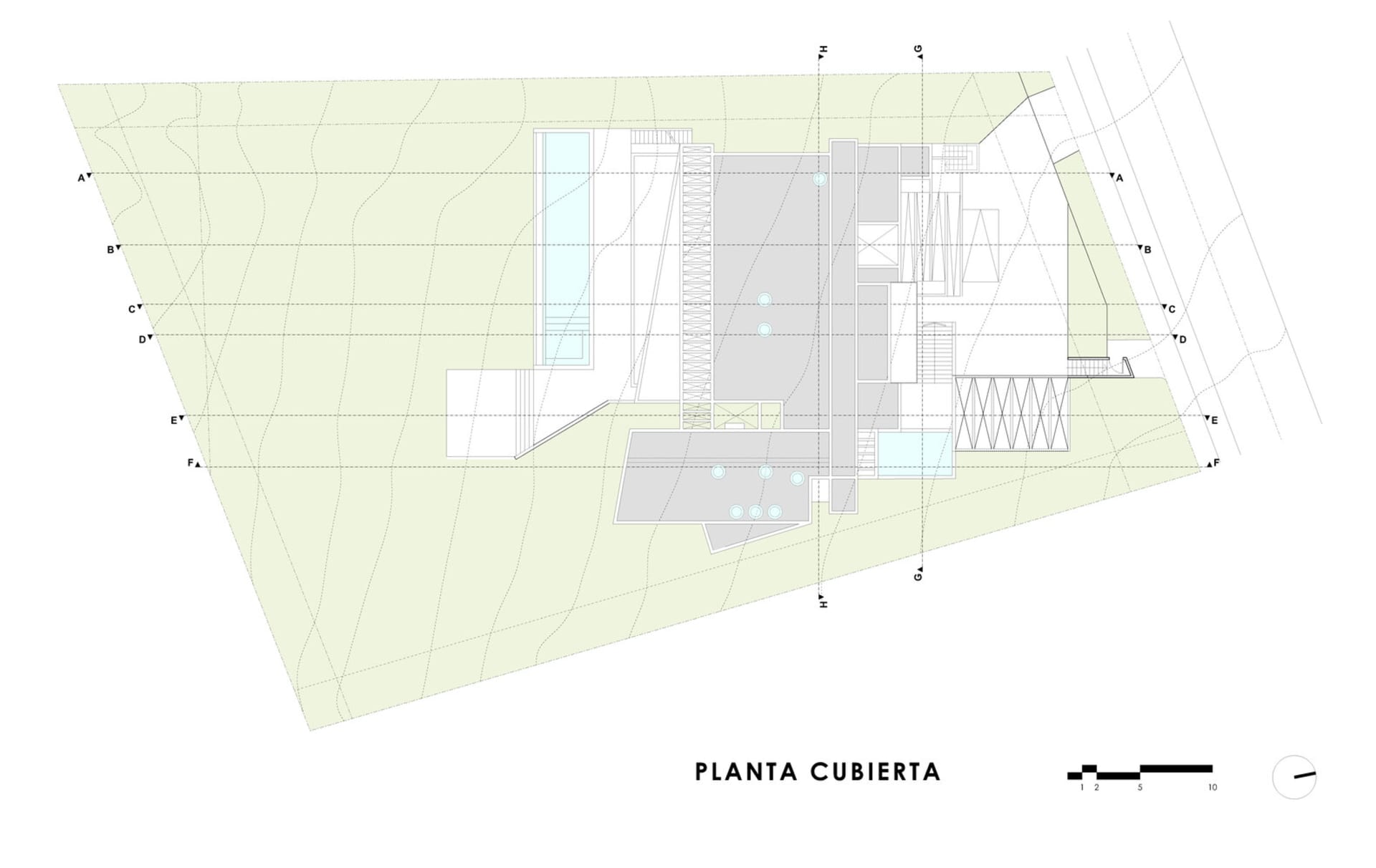 A modern architectural floor plan featuring a mix of materials and contemporary design elements.