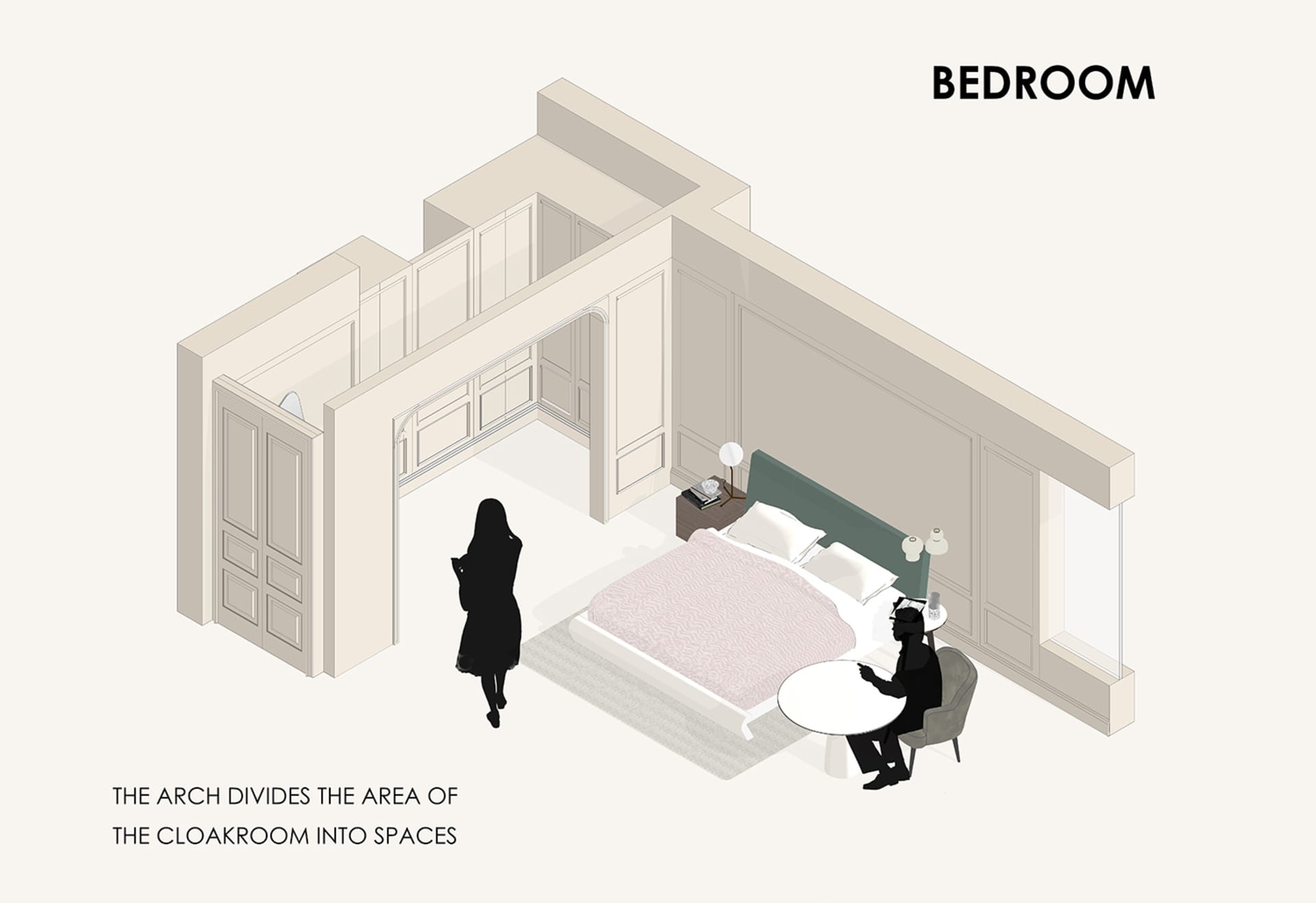 A minimalist bedroom with a bed, table, and silhouette figure in a rendered image.