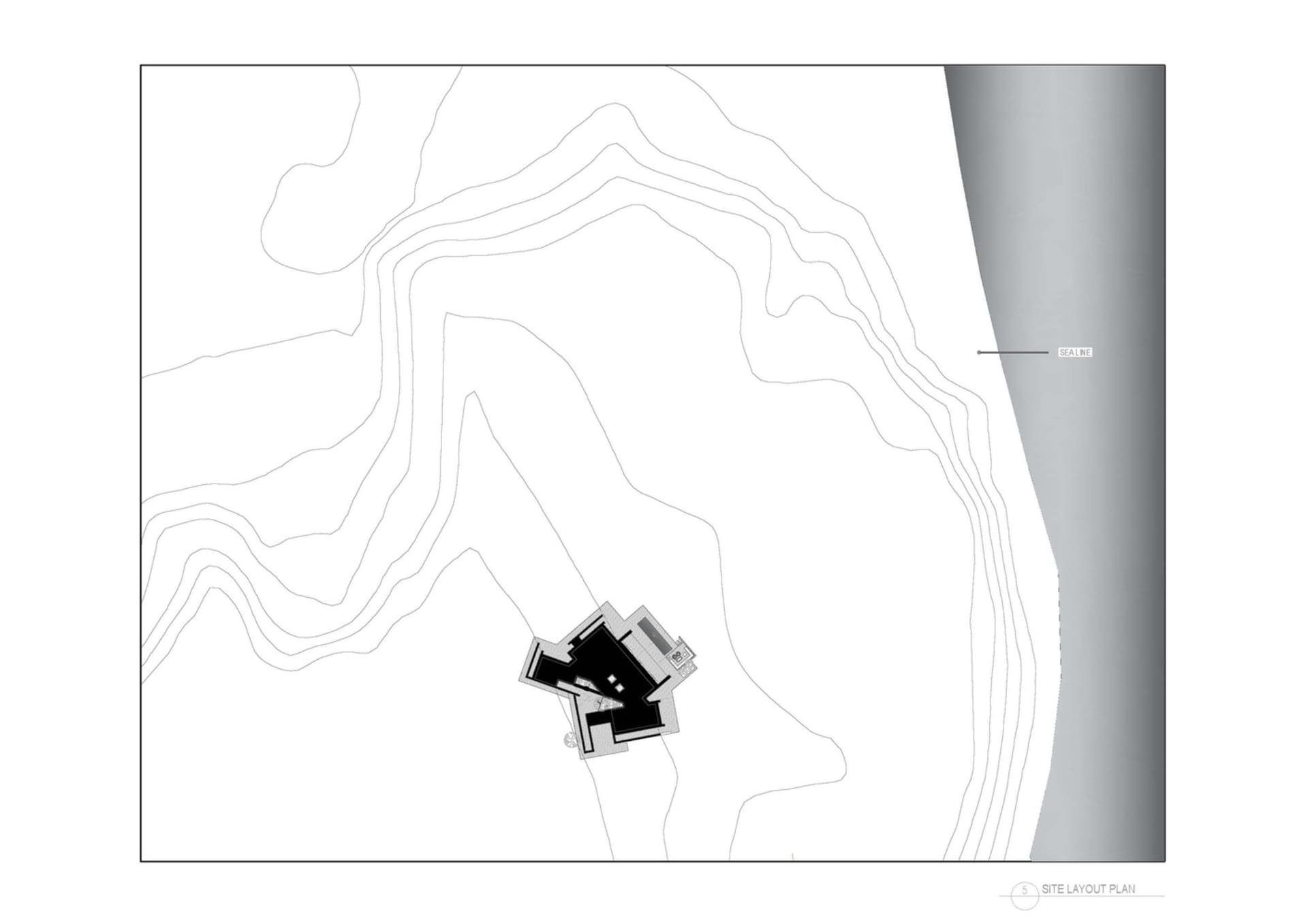 A topographical map showing the layout plan of a site with contour lines.