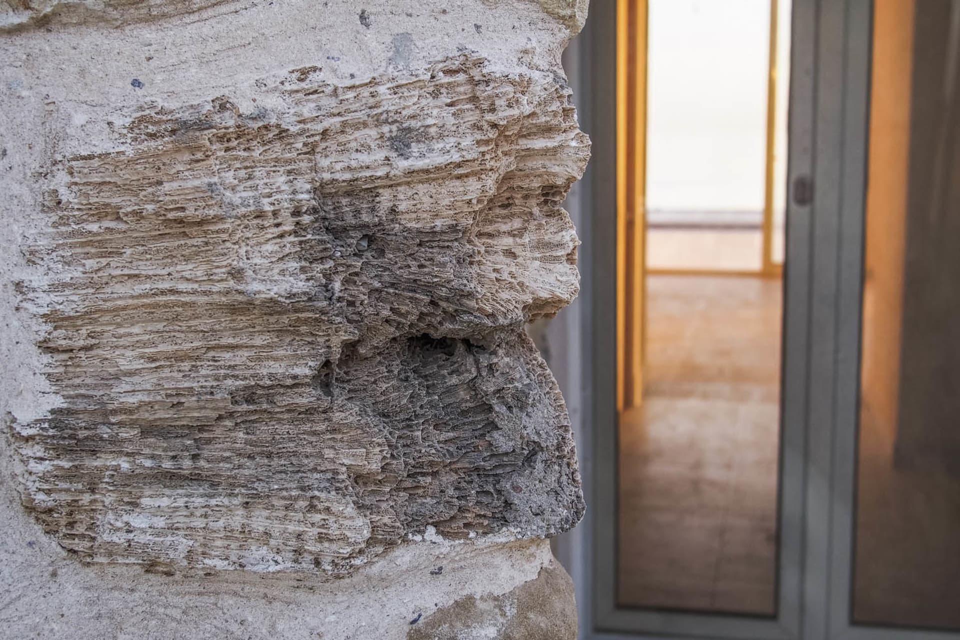 Close-up view of a rough-textured, weathered cement wall with visible layers and voids.