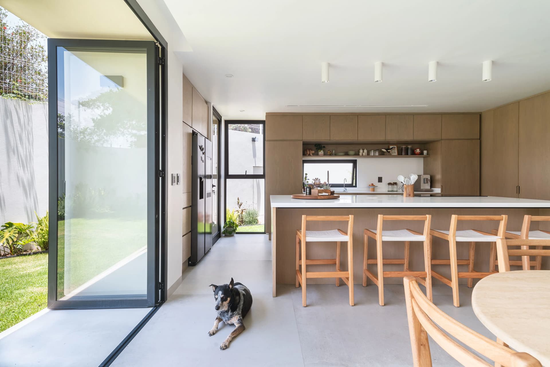 A modern kitchen featuring wooden cabinets and a white countertop.