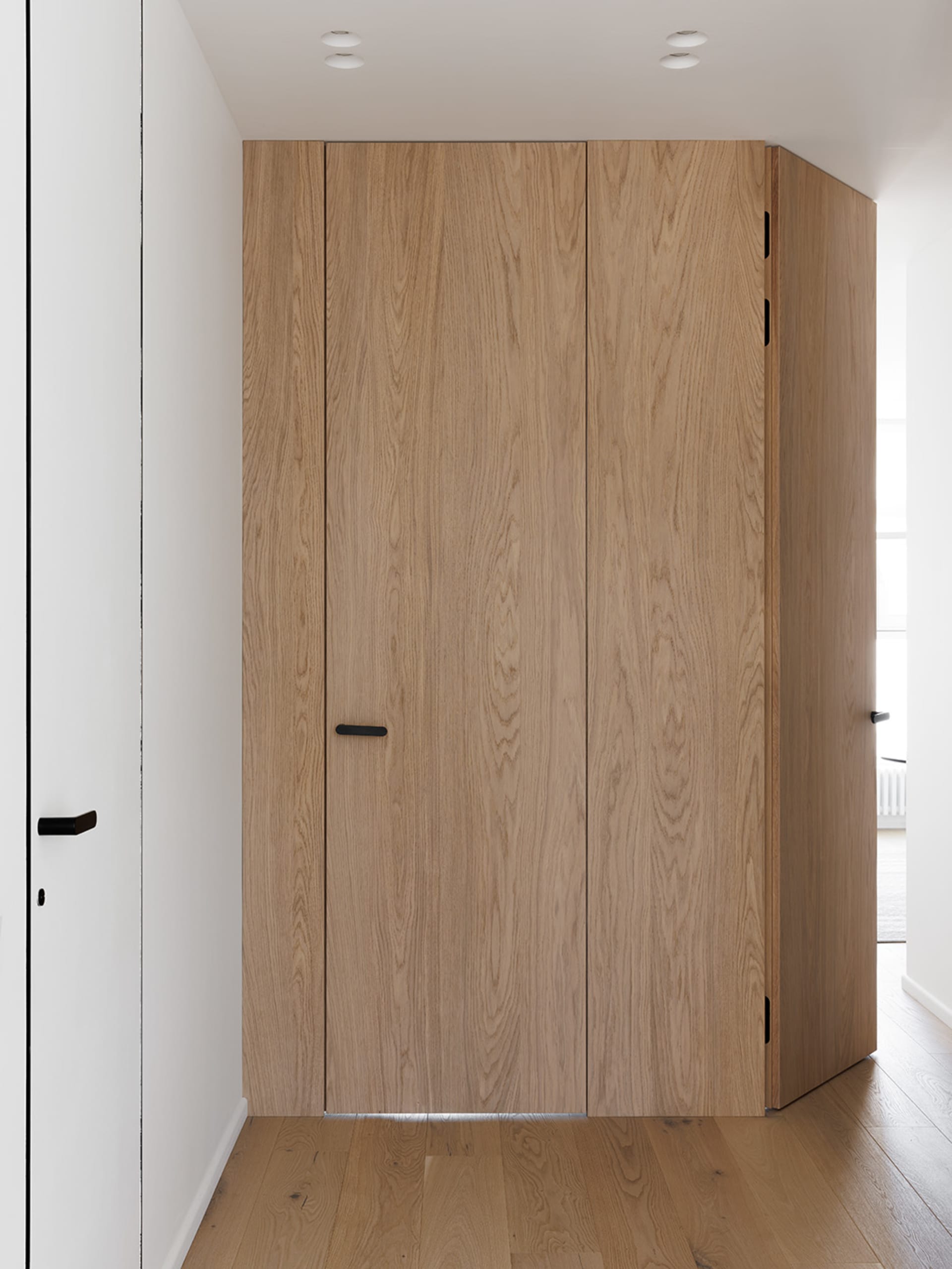 A minimalist closet made of wood.