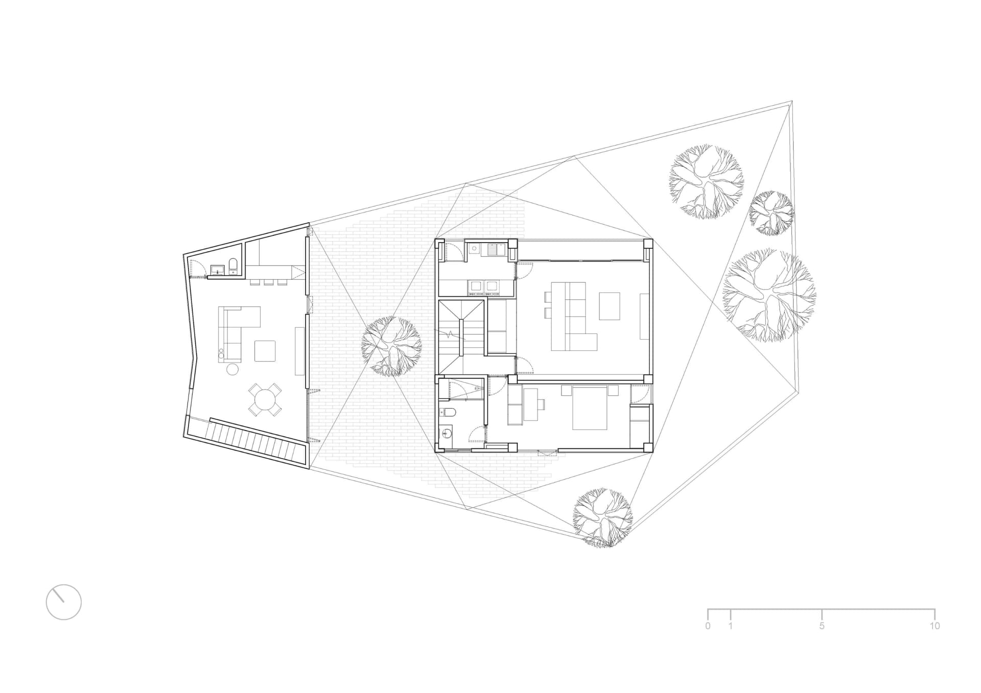Floor plan of a modern residential building with two levels, including rooms and external space.