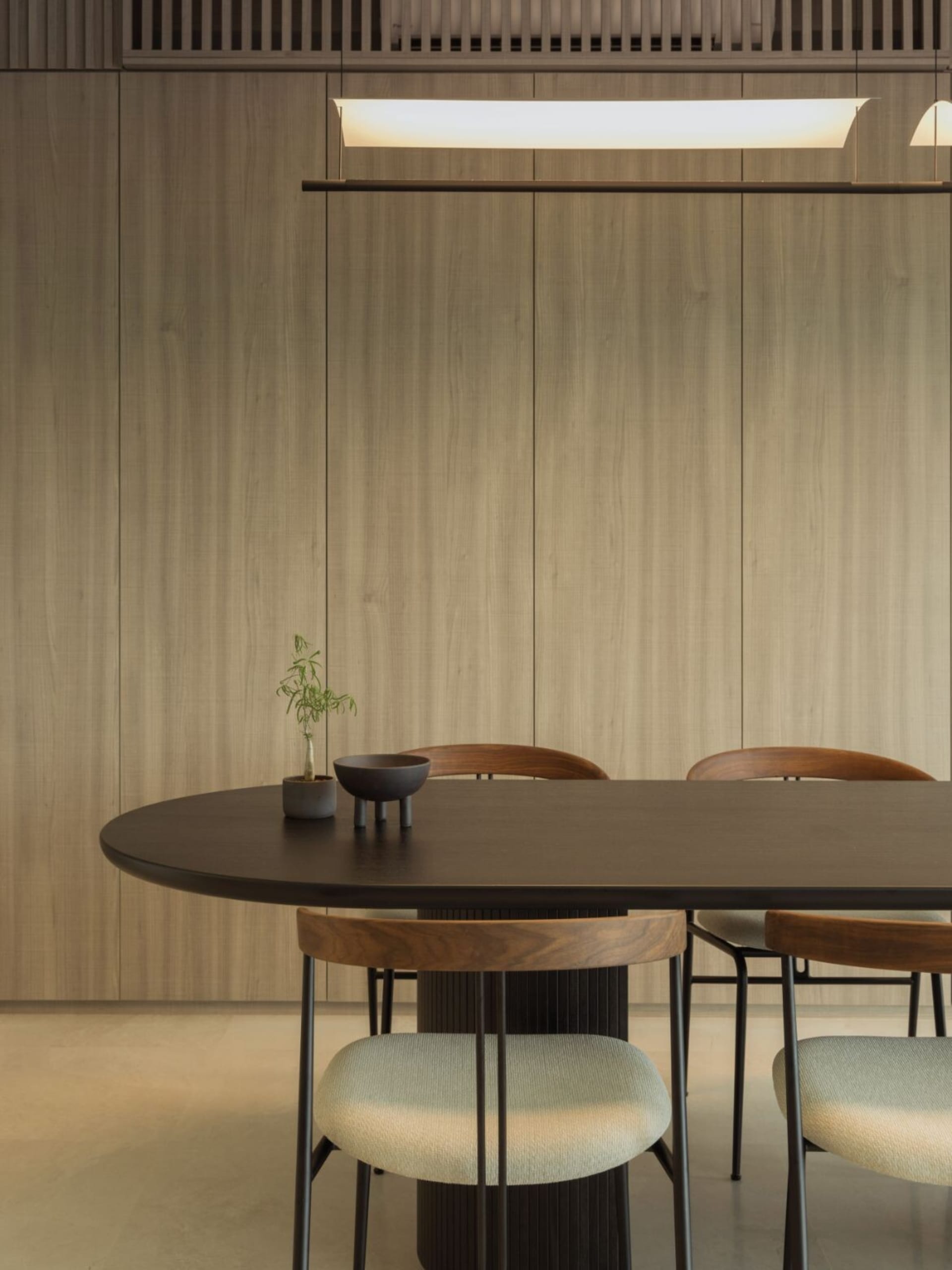 Modern dining room with wooden furniture and a potted plant on the table.