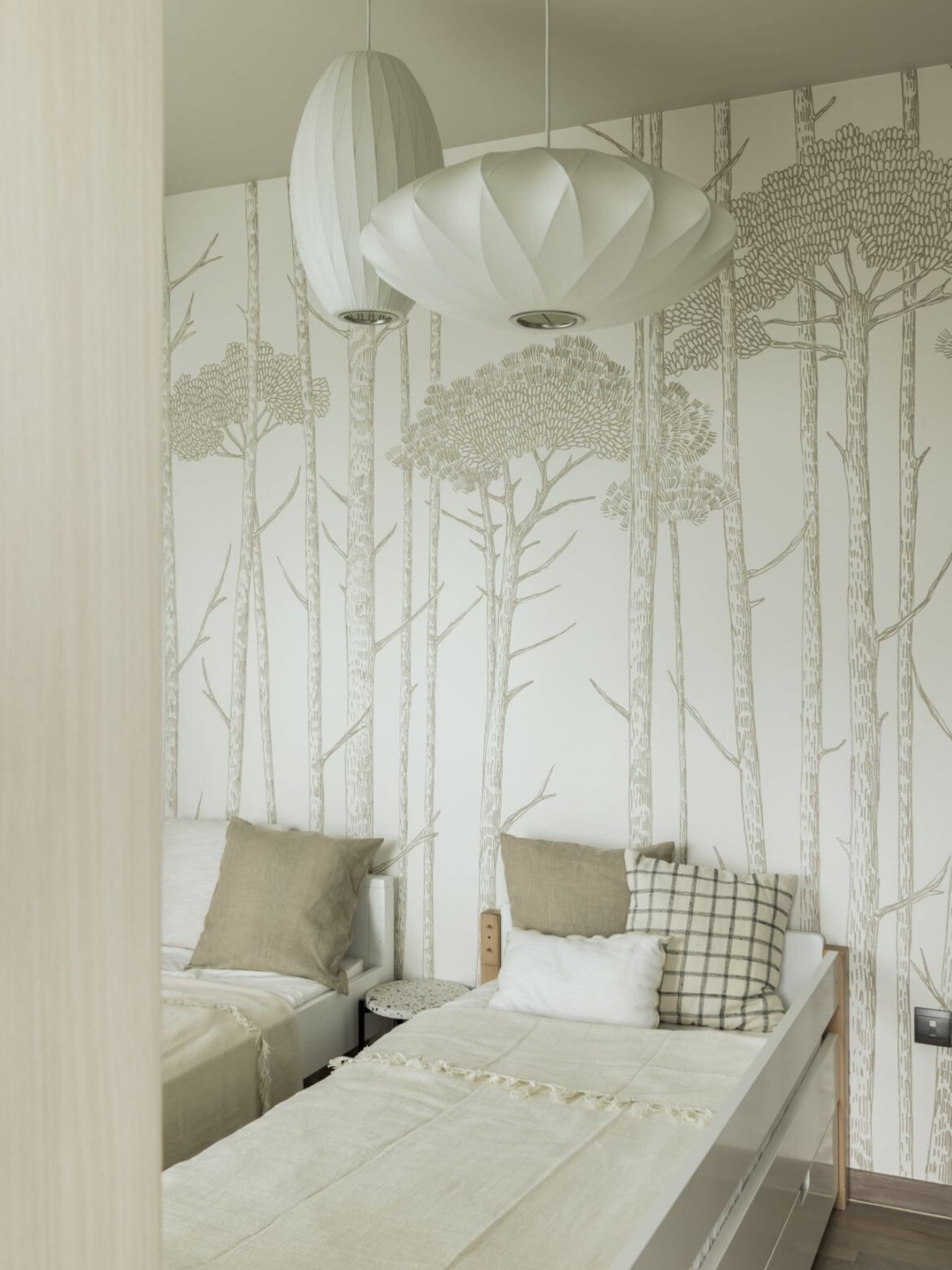 Modern minimalist bedroom with trees patterned wallpaper, linen bedding, and wooden furniture.