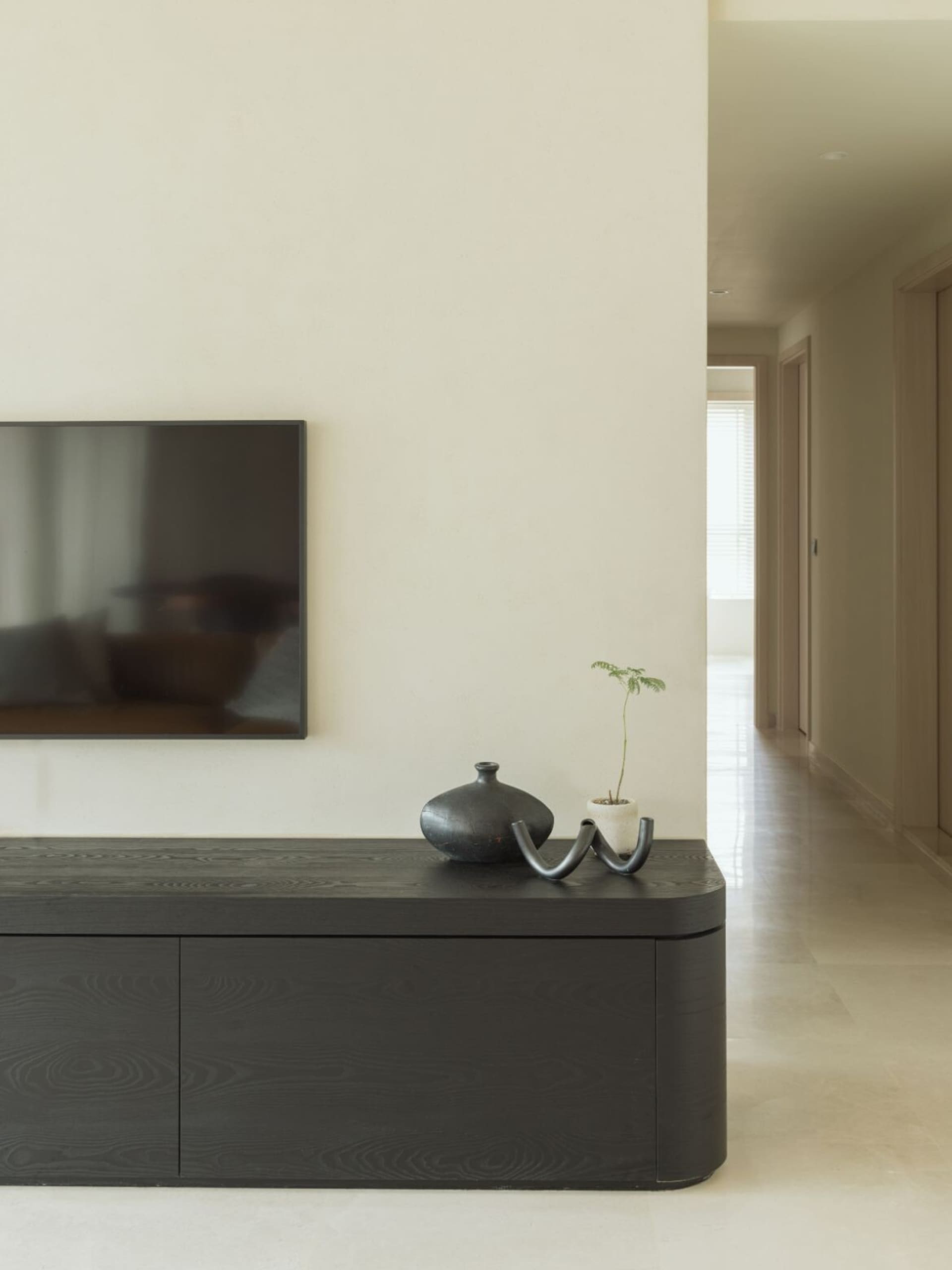 A modern minimalist living room with black wooden furniture, a flat-screen TV mounted on the wall, and a small green plant on