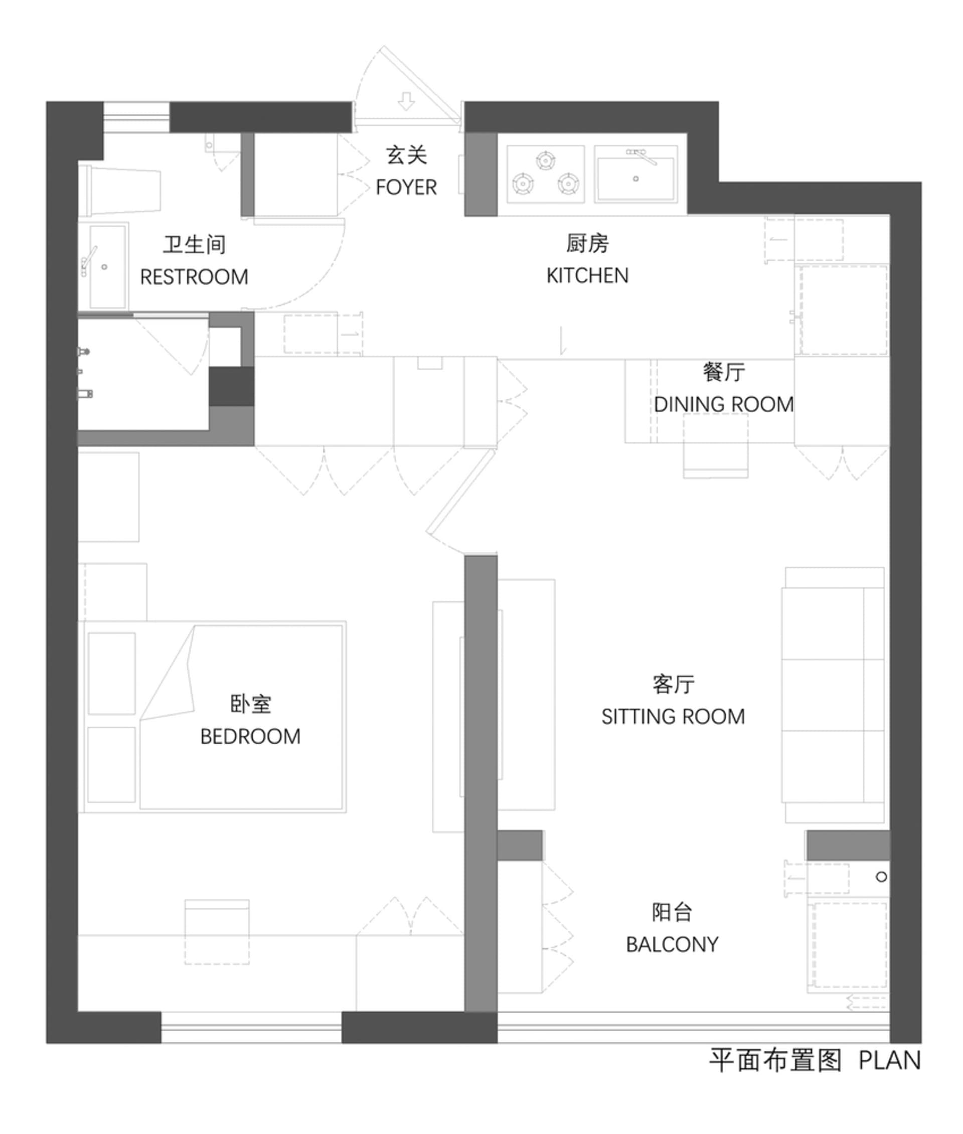 現代簡約住宅公寓的平面圖。