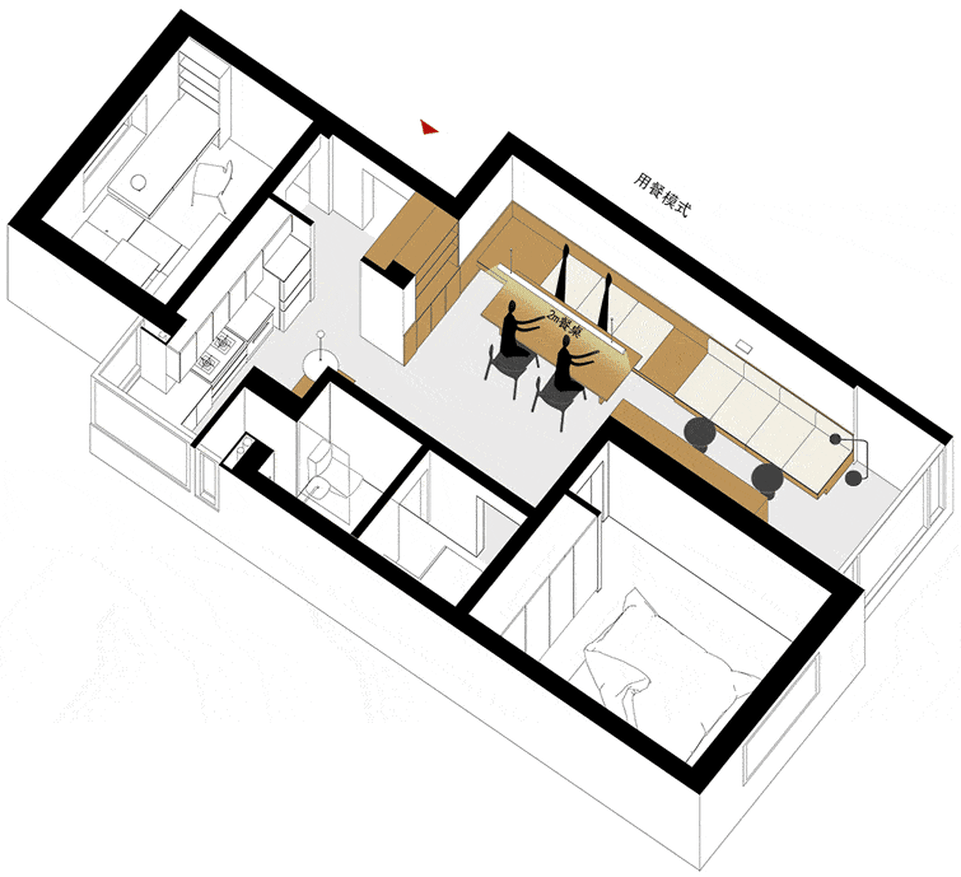 A modern apartment layout with minimalist interior design featuring a kitchen and living area.