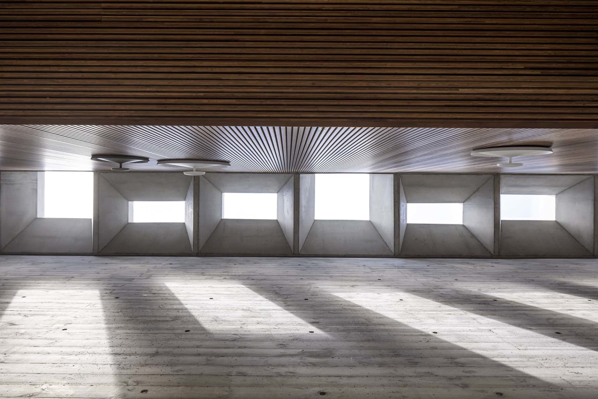 Modern interior with concrete walls and floors, featuring geometric shapes and large windows.