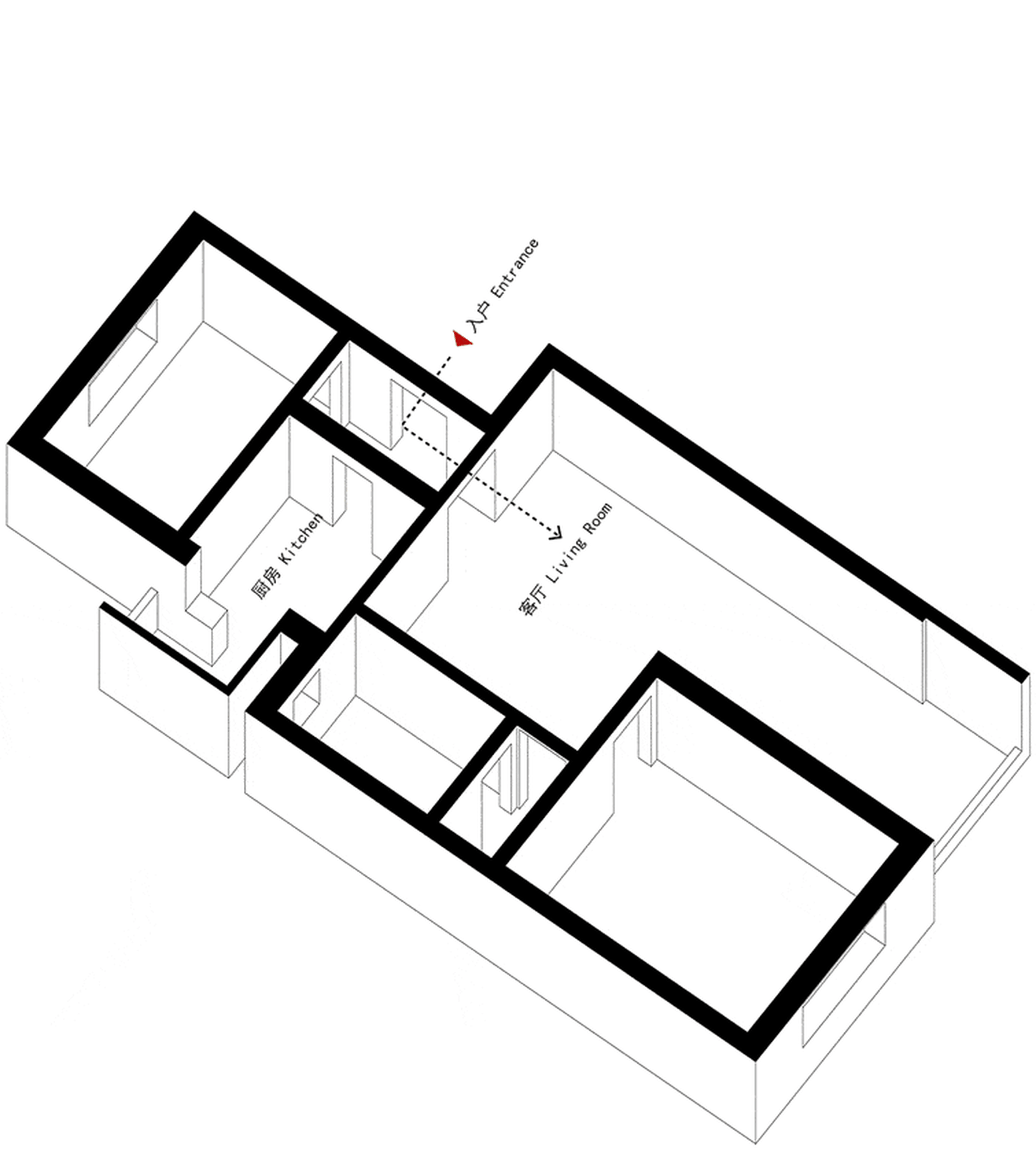 Floor plan of a modern residential interior, featuring a living room, kitchen, and bedroom.