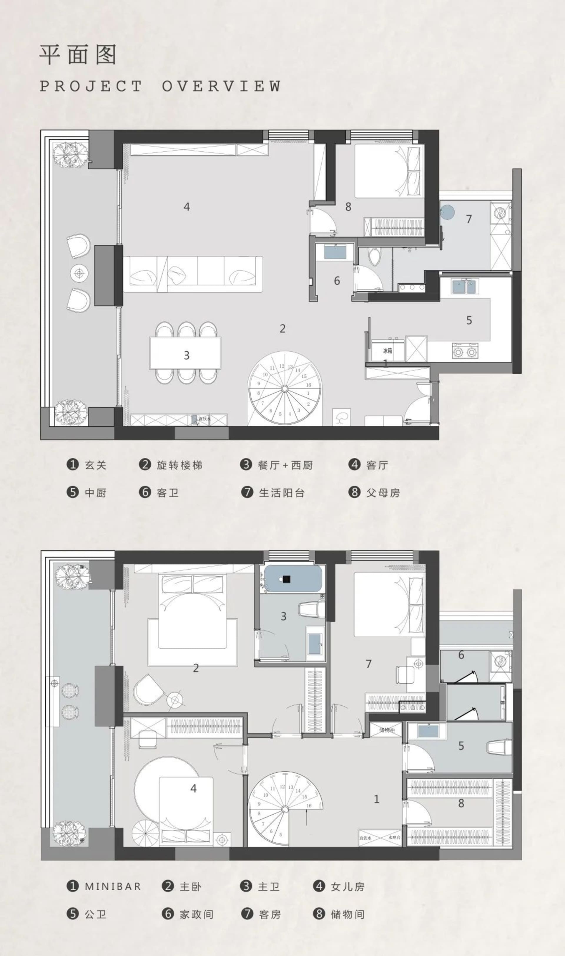 Detailed 2D architectural drawing showcasing a modern apartment floor plan with neutral-toned decor and functional zones.