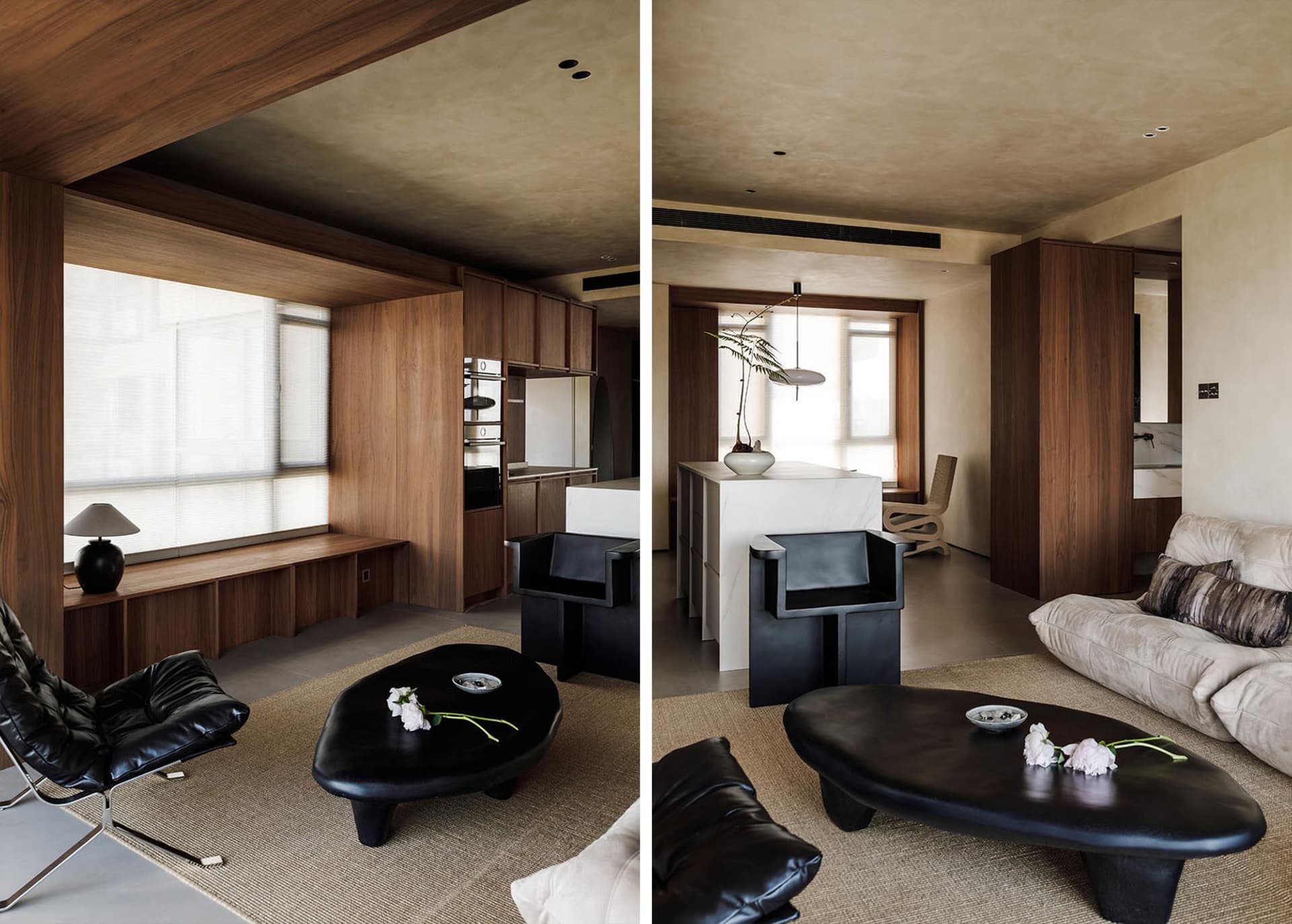 Modern living room interior with wooden furniture and exposed ceiling beams.