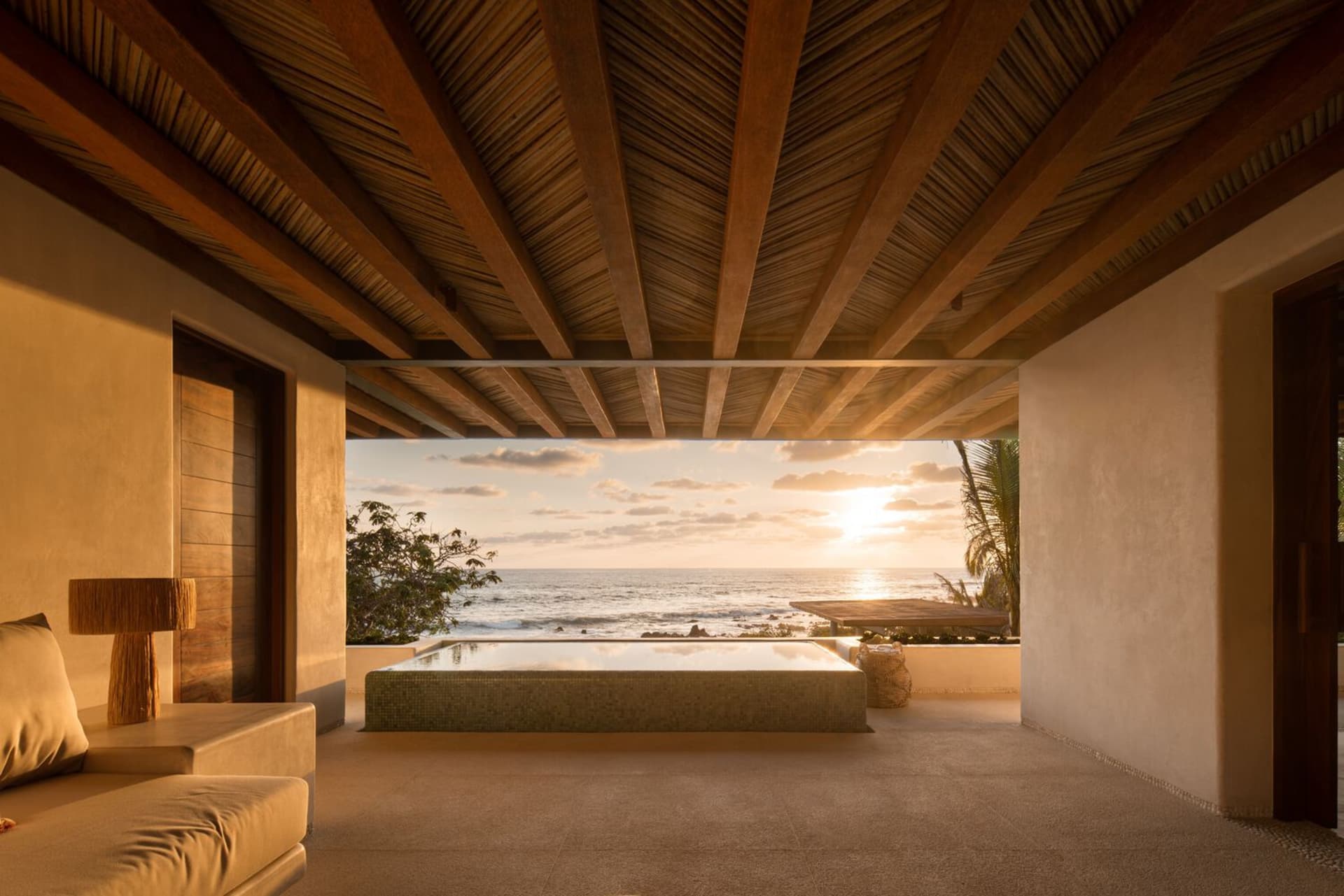 Luxurious minimalist hotel room with wooden accents