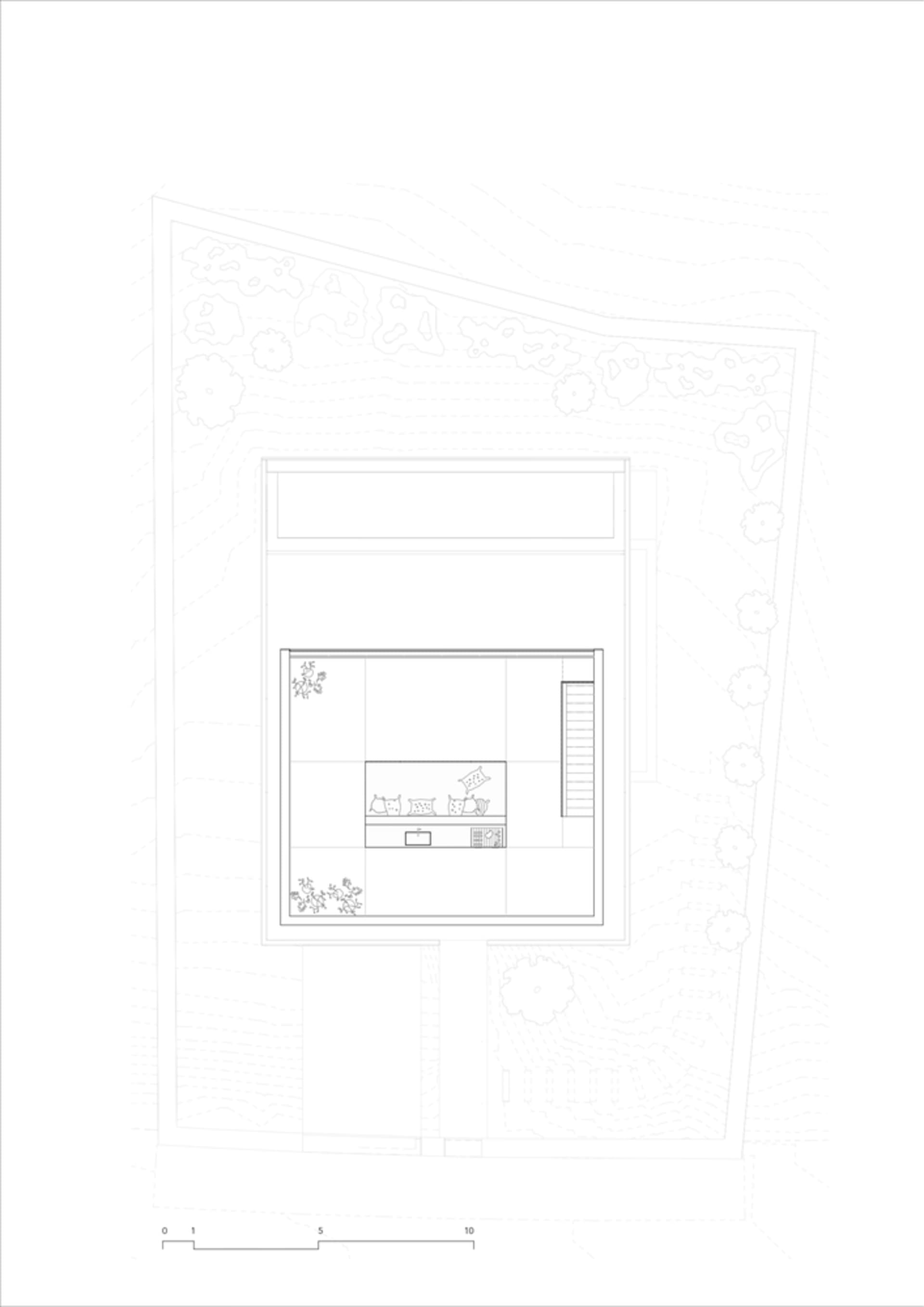 A black and white architectural floor plan diagram of a modern house.