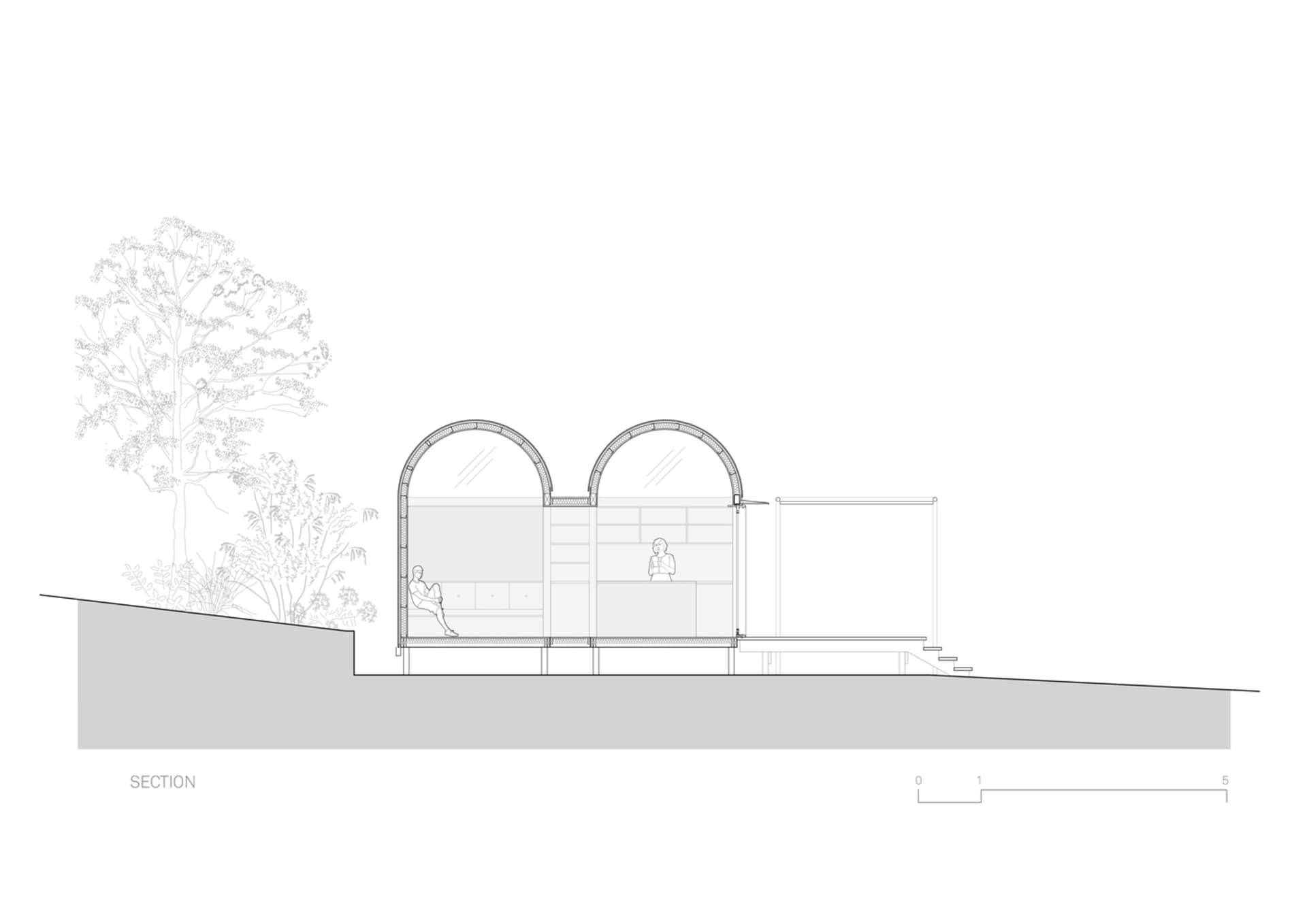現代住宅剖面圖，展示內外部建築細節。