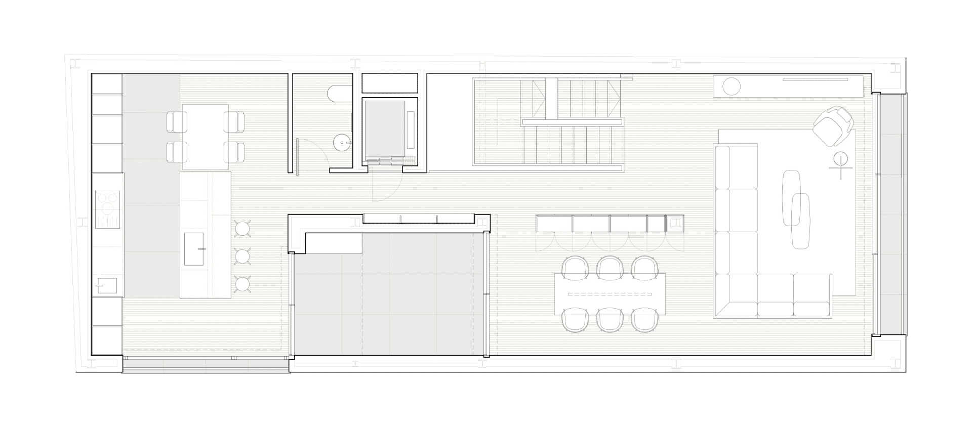 Modern living space layout with wooden flooring and a spacious design.