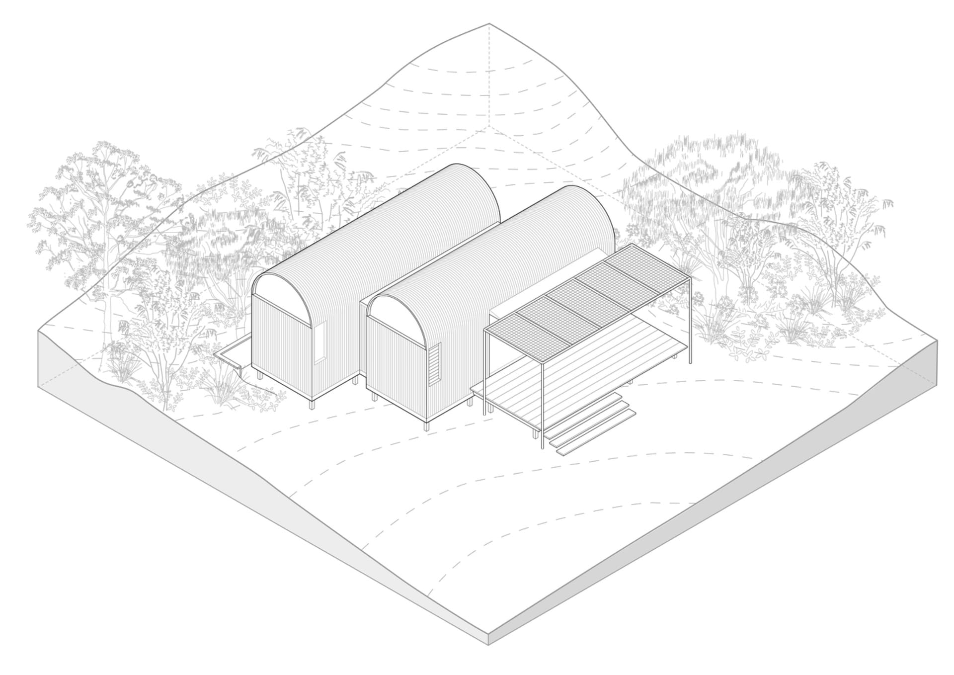 住宅棚屋的金屬屋頂與陽台區域等角圖。