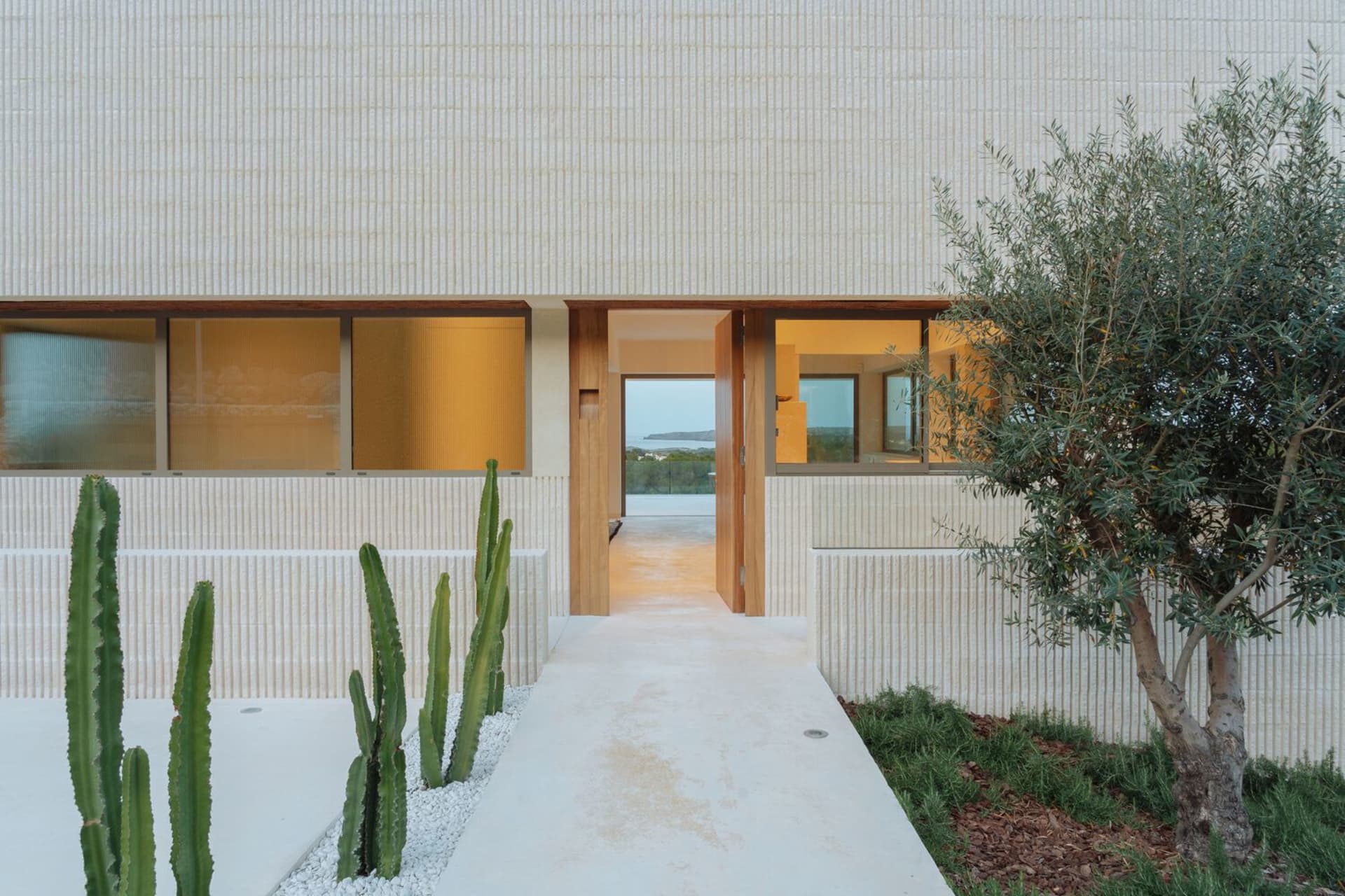 Modern residential exterior with concrete facade and cactus plants.