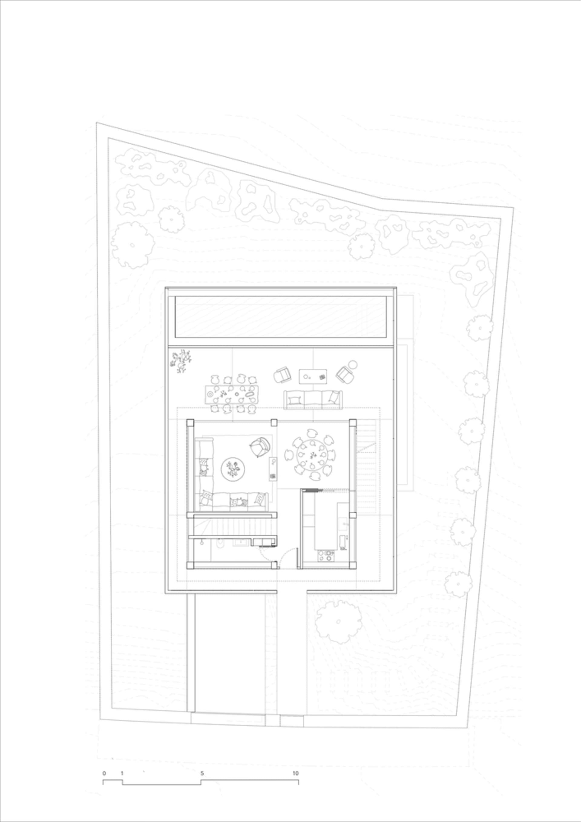 現代住宅平面圖的詳細2D建築繪圖,採用混凝土飾面、玻璃牆與木質元素