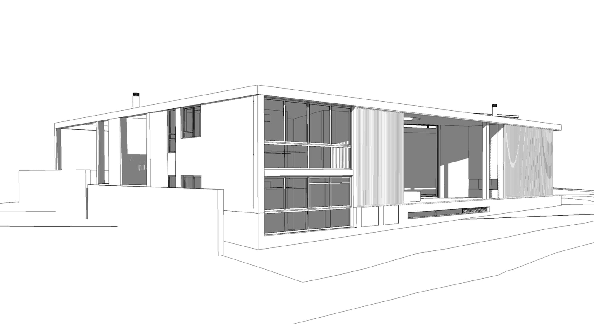 3D rendering of a modern building with concrete walls and glass windows