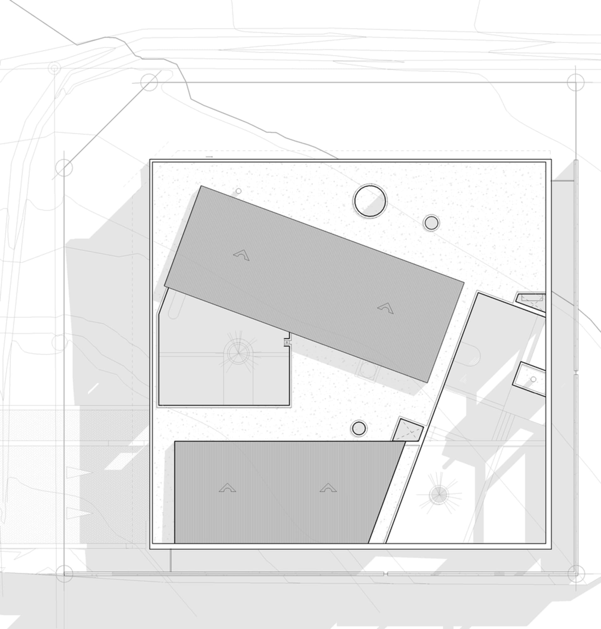 Floor plan of a modern interior space with black and white color scheme.