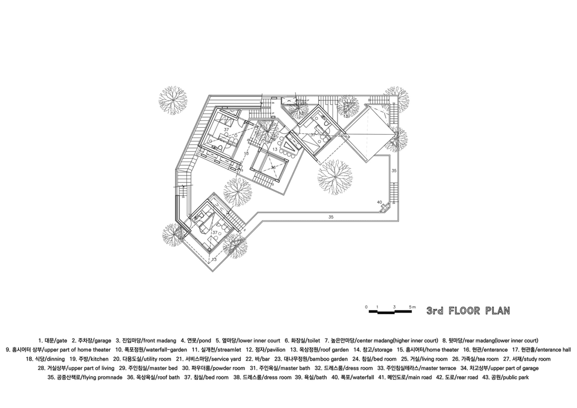 A detailed architectural floor plan of a residential dwelling with labeled rooms and sections.