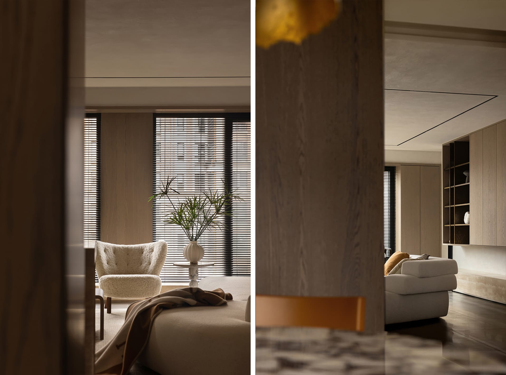 A modern residential interior with neutral tones and minimalist design elements.