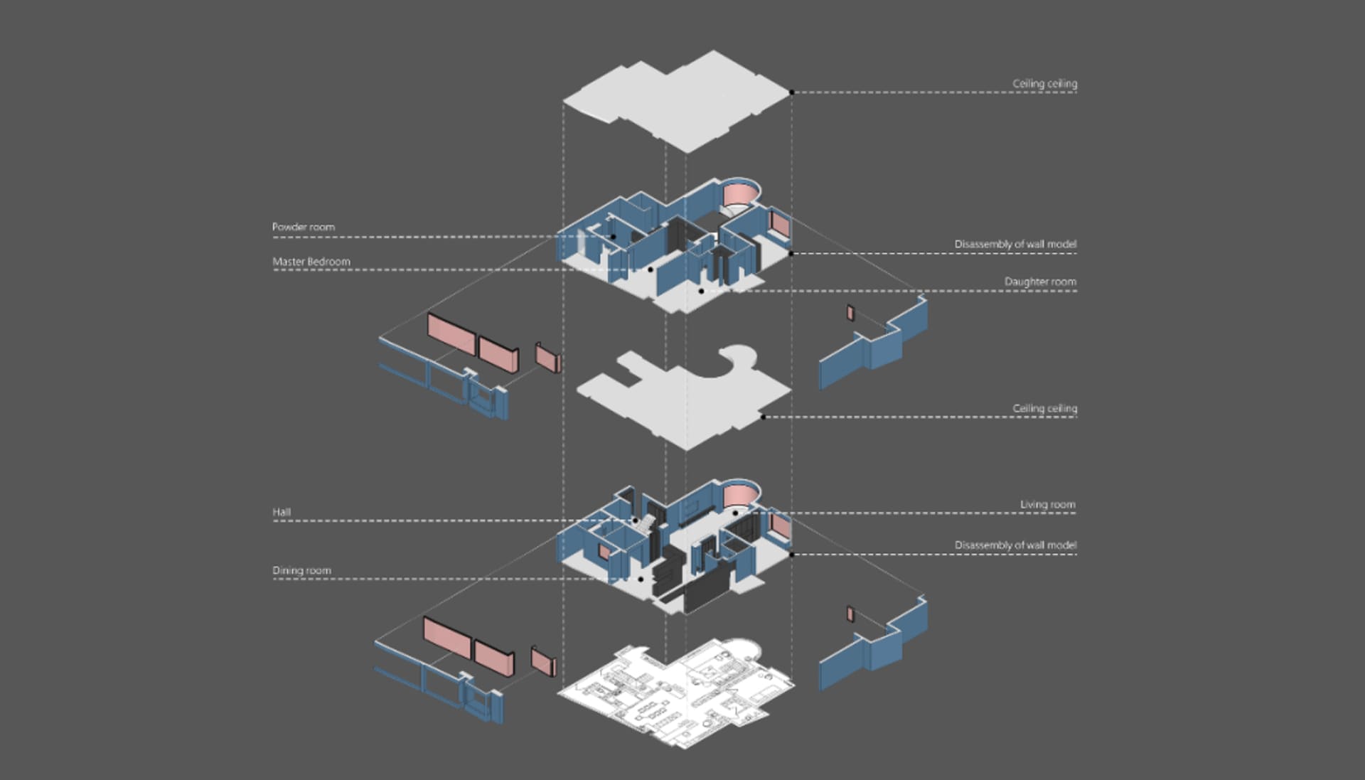 3D architectural blueprint of a house interior