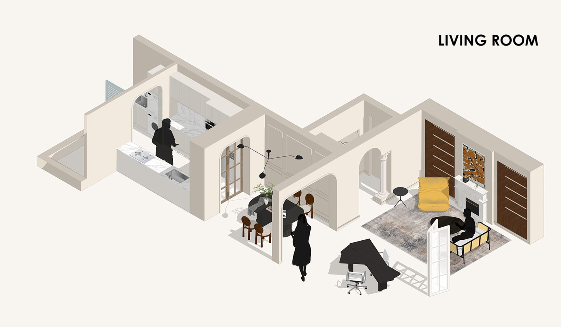 An isometric rendering of a living room with furniture, a fireplace, and a piano.