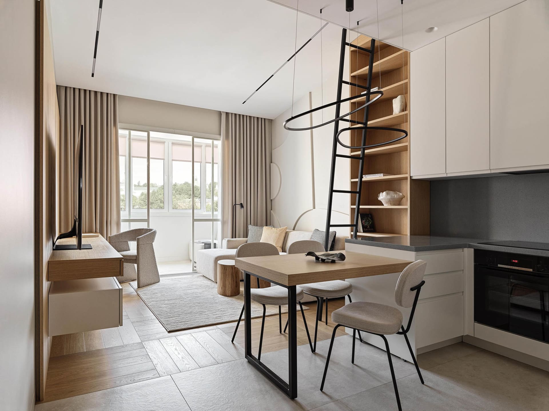 Modern minimalist living room with wood furniture and light-colored walls.