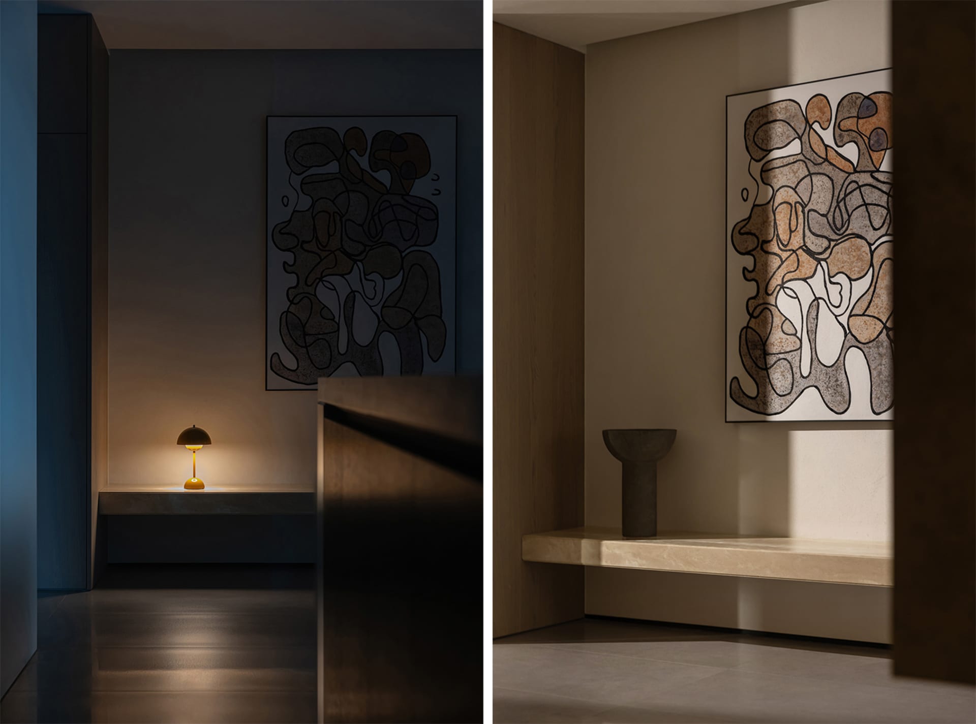 Modern entryway featuring concrete and marble elements