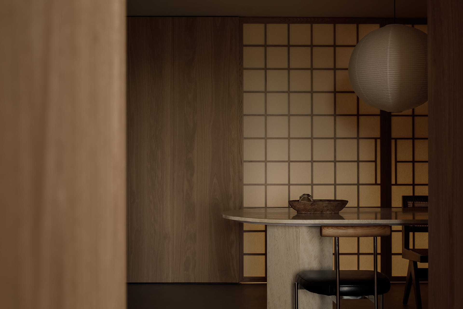 A modern restaurant interior featuring wooden elements and a minimalist design.