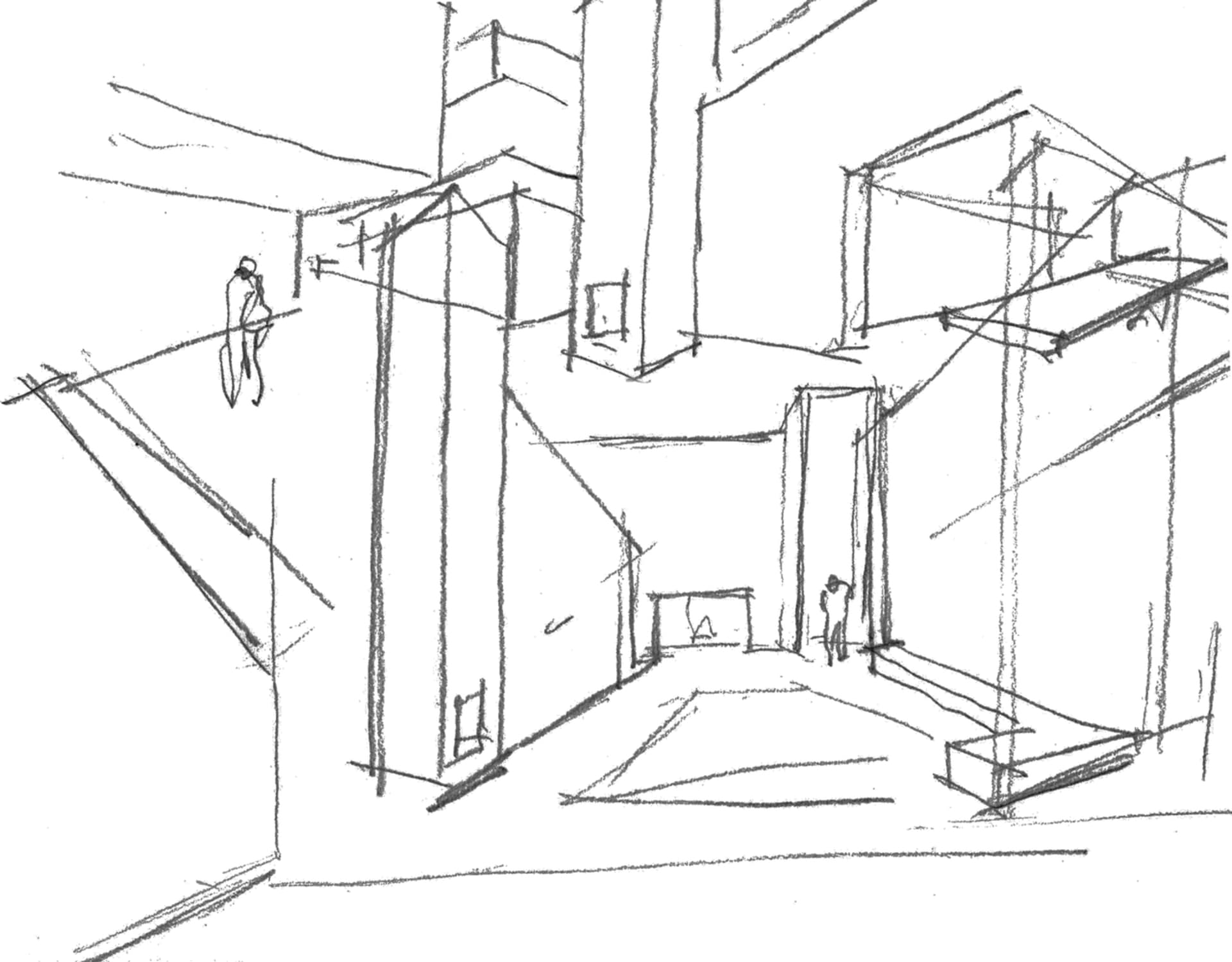 Sketch of an industrial working space with concrete walls and steel beams
