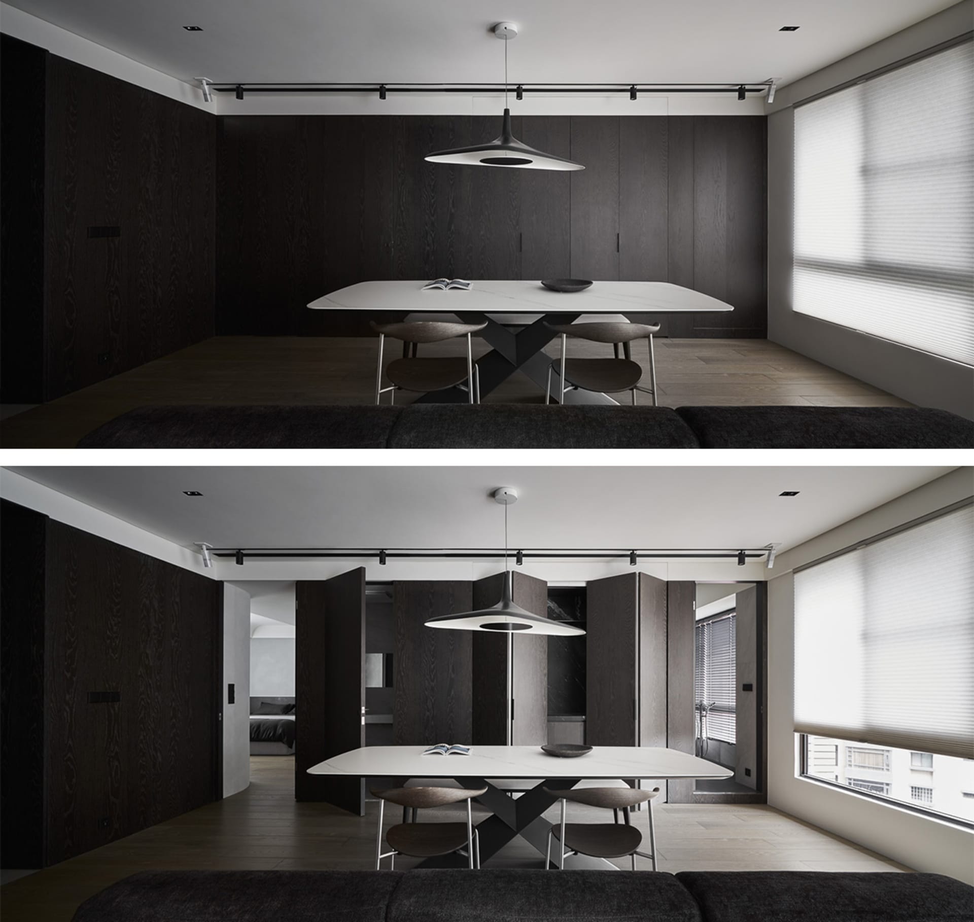 A modern dining room with black and white decor, featuring a wooden dining table and minimalist design.