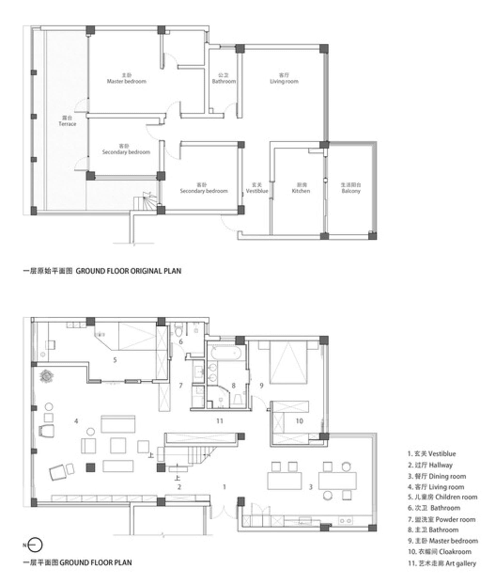 現代室內設計的平面圖,顯示廚房、客廳和臥室等空間。