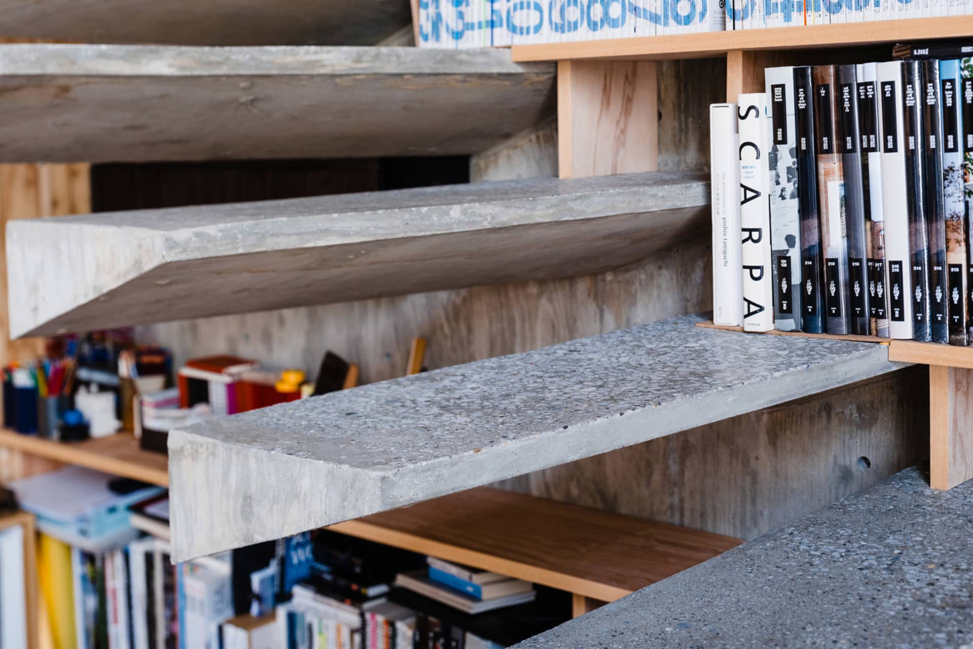 Concrete shelves and steps in a modern interior space