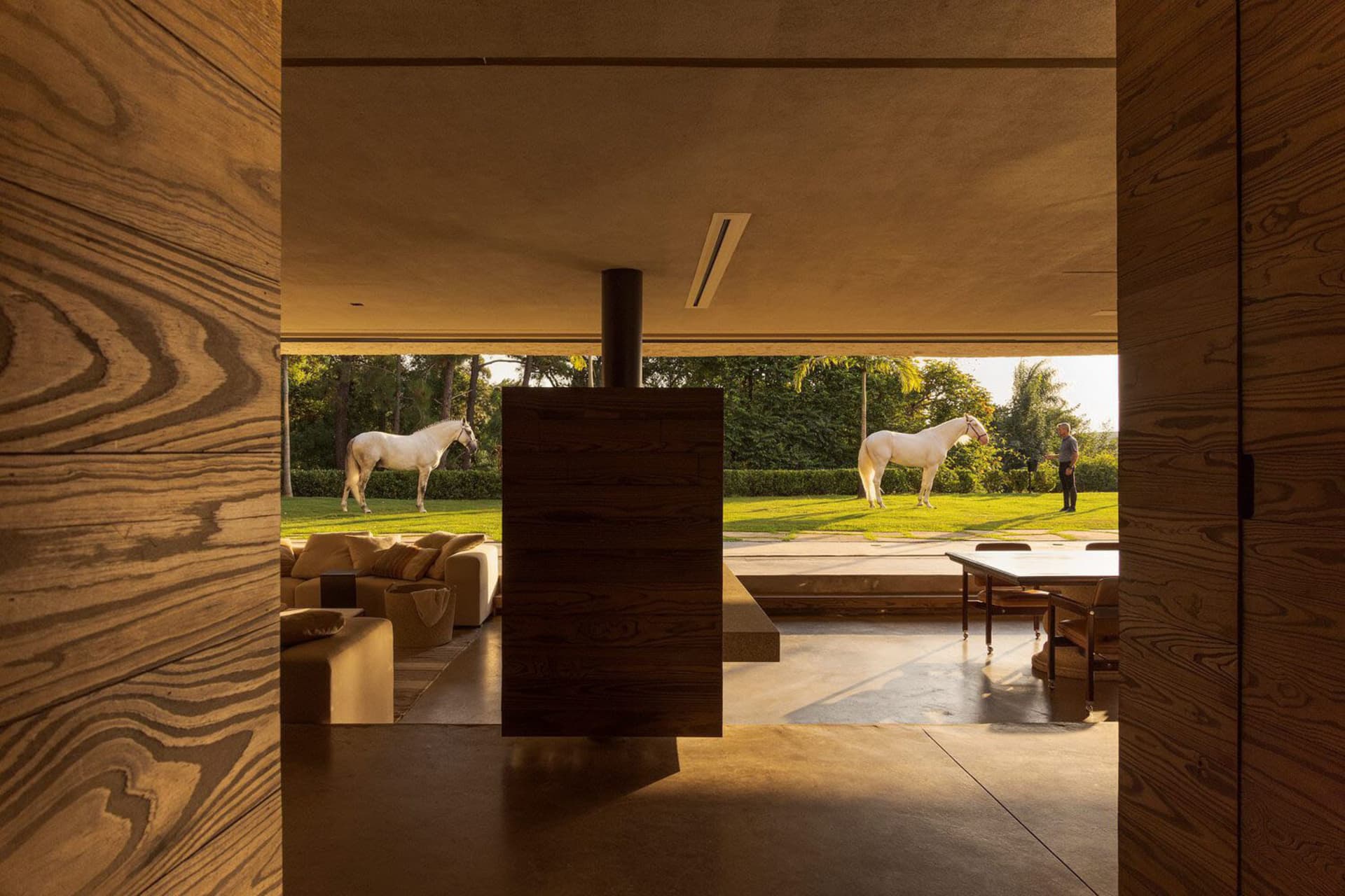 Modern residential interior featuring concrete and wood elements.