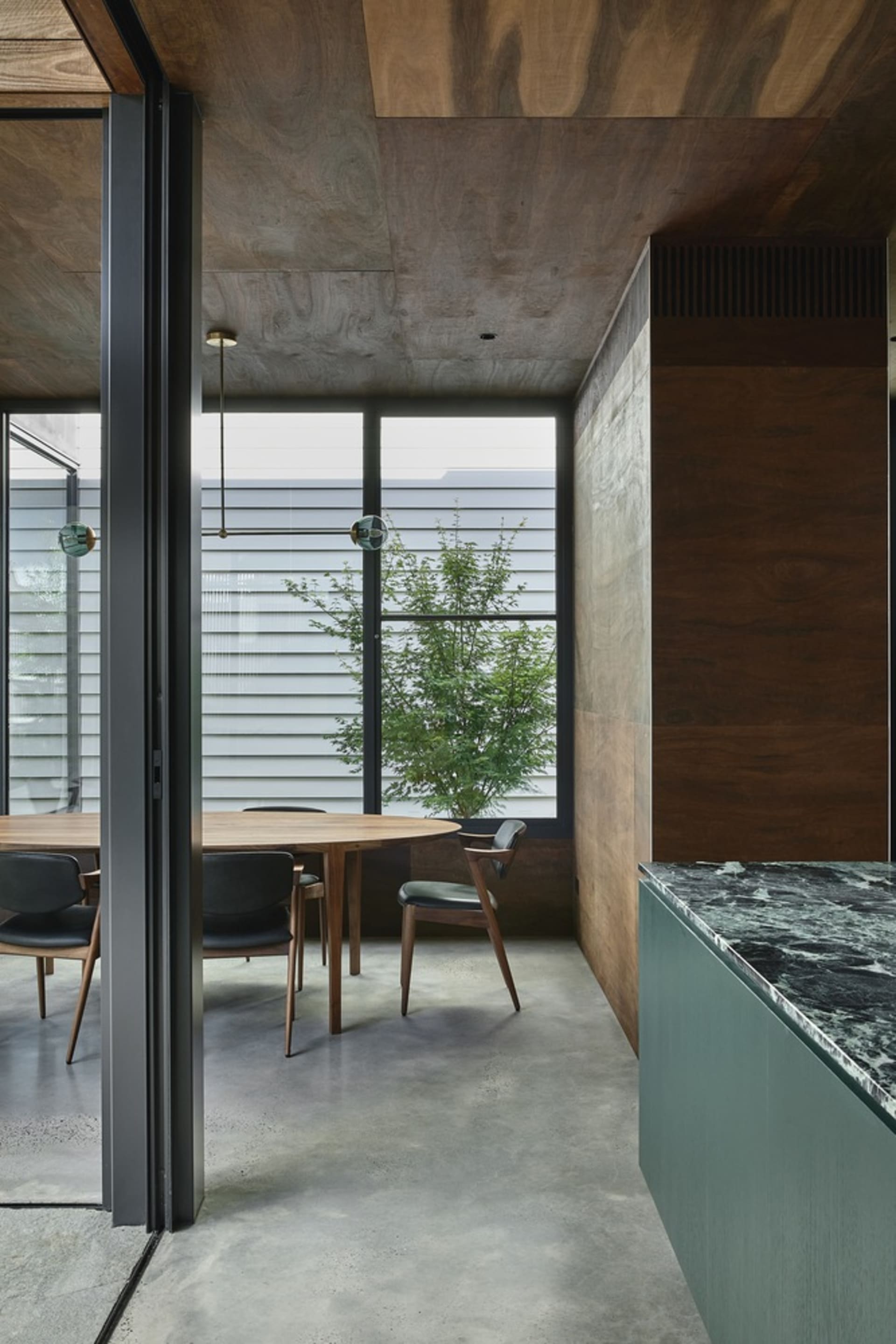 Modern interior space with concrete flooring, minimalist design, and indoor plant.