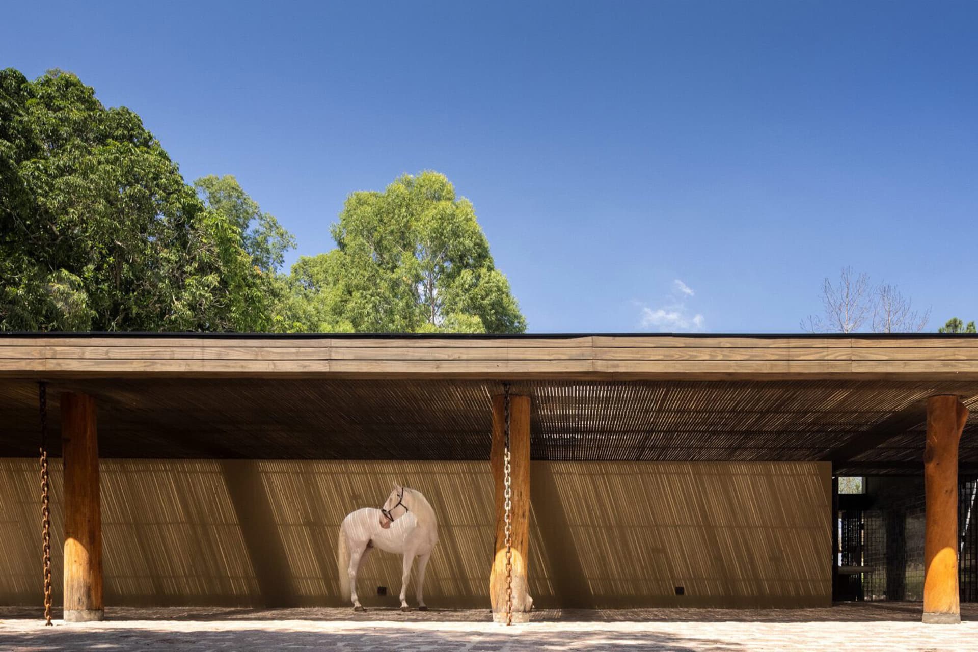 A minimalist stable with wooden elements.