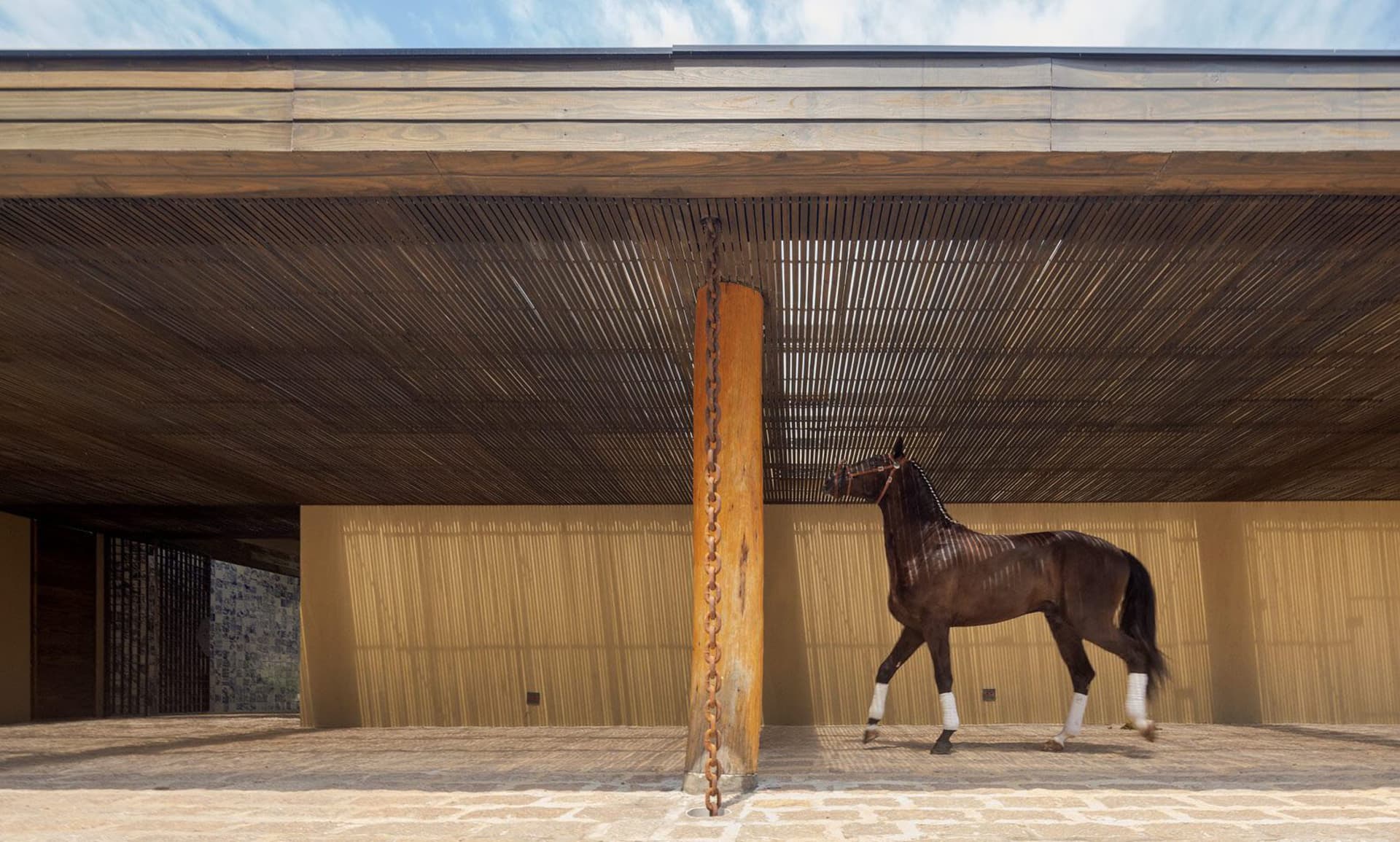 A sleek, modern roofline structure for a horse stable, featuring metallic design elements.