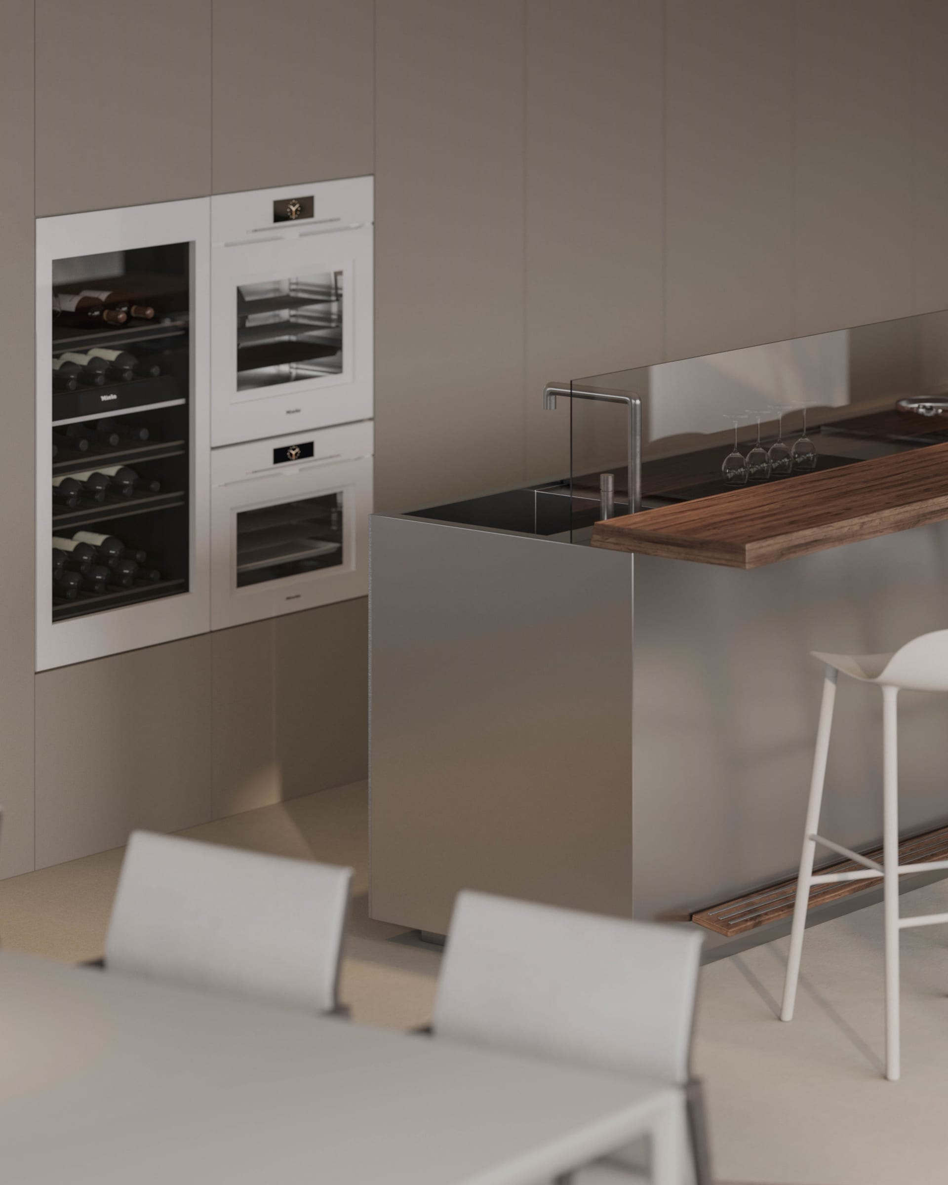 Modern kitchen with stainless steel appliances and wine cooler.