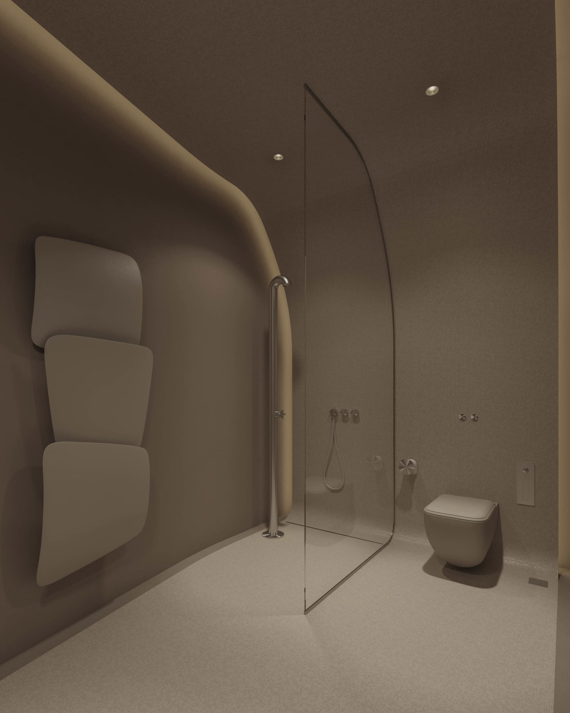 A modern minimalist bathroom with glass curved walls and a sleek shower area.