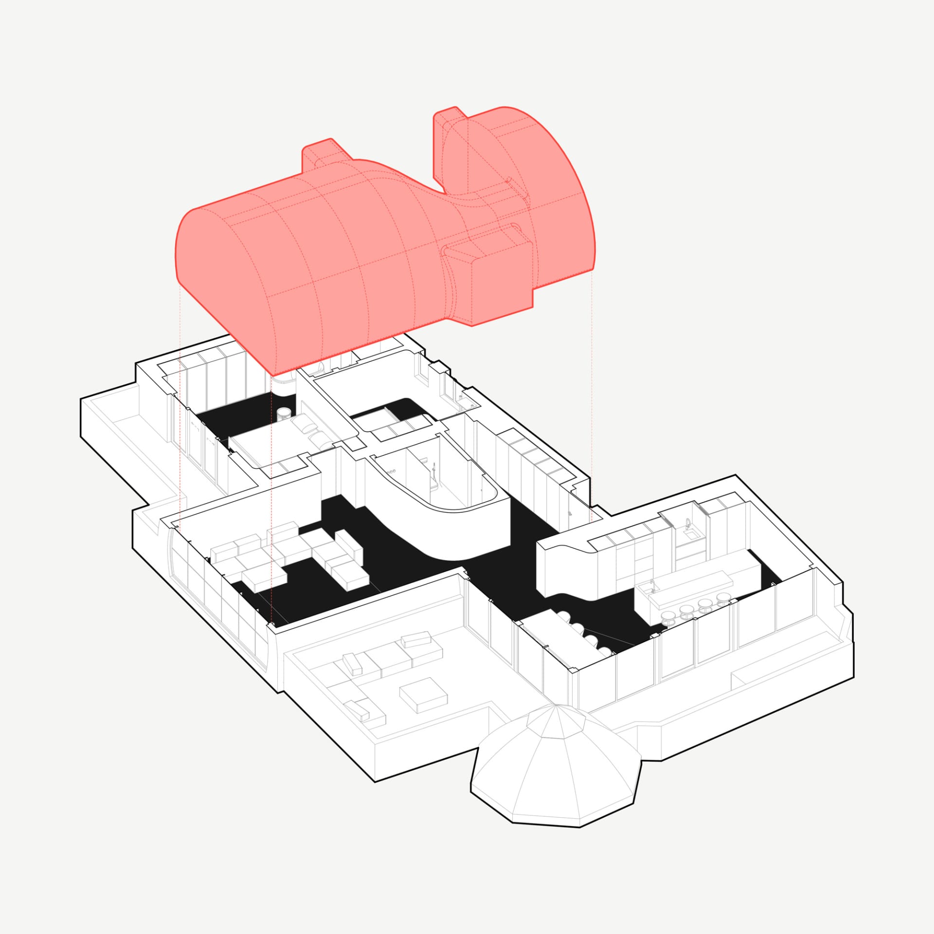3D architectural drawing of a modern interior with a red roof structure