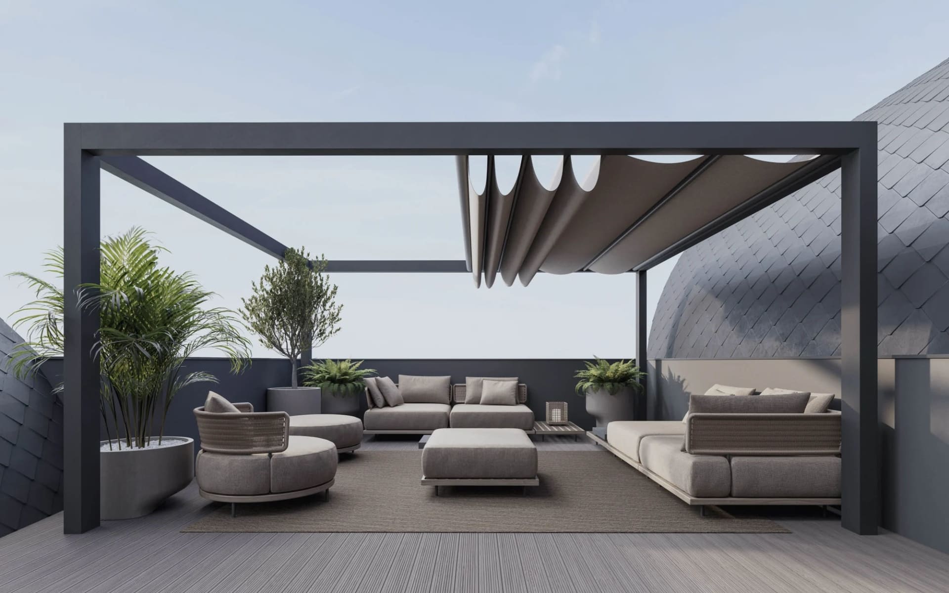 A minimalist patio setup featuring modern furniture and a retractable canopy.