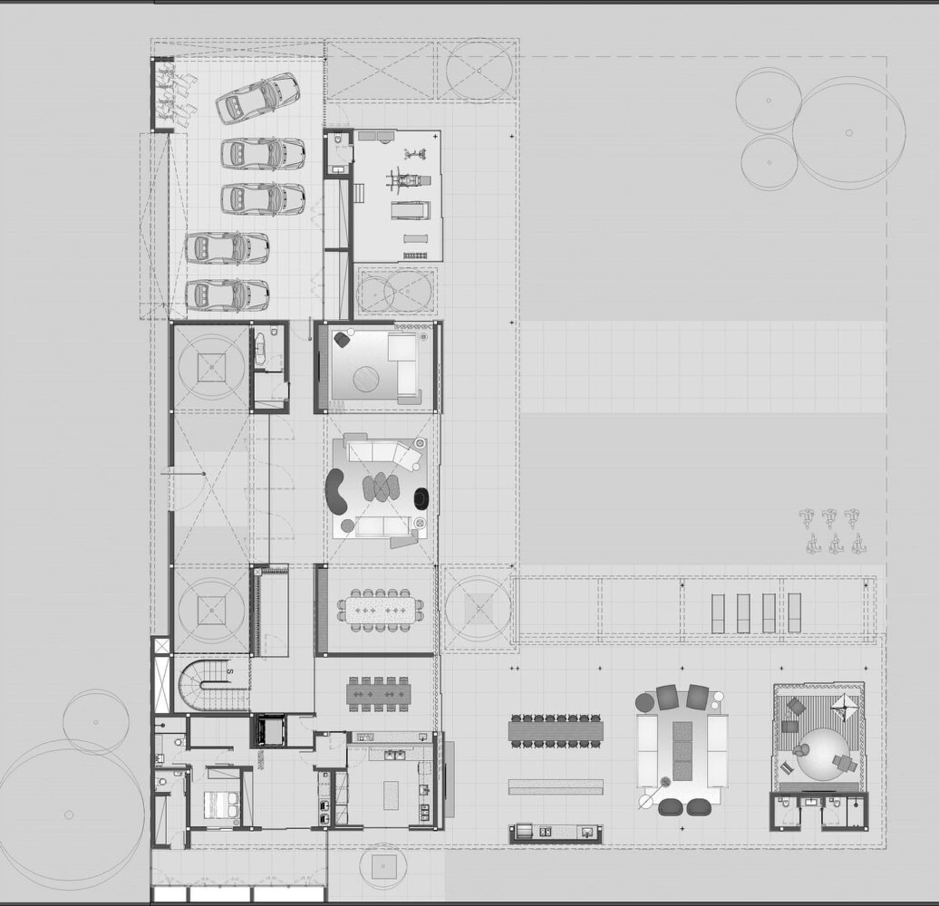 現代辦公室裝修的詳細建築平面圖,搭配中性色調瓷磚。